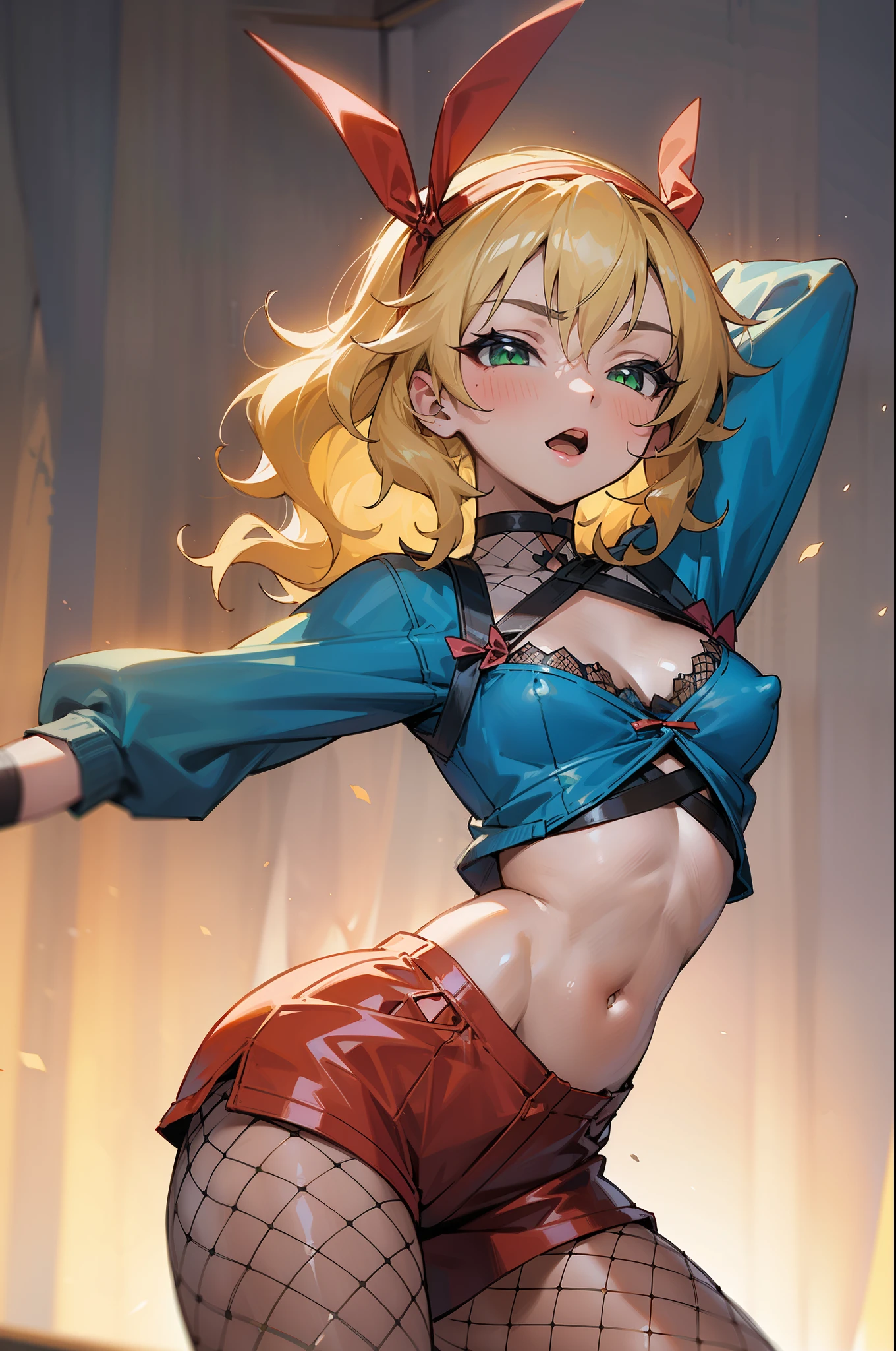 masterpiece,best quality, ultra-detailed,1girl(sakurai momoka, lovely small breasts, glow skin, wavy hair, long hair, blonde hair, headband(red ribbon),green eyes),a , open mouth, glow lips, head tilt, solo, blue jacket, white tank_top, cleavage,covered nipples, navel, blue short shorts,  fishnets pantyhose, in the stage, dancing, sexy dance, Sexy waist teasing, mike grab, sing , singing