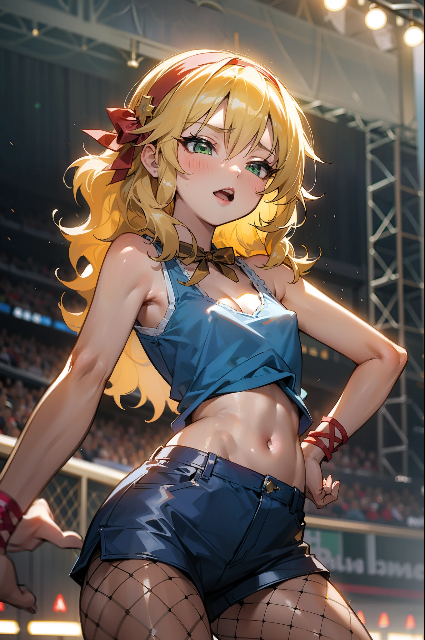 masterpiece,best quality, ultra-detailed,1girl(sakurai momoka, lovely small breasts, glow skin, wavy hair, long hair, blonde hair, headband(red ribbon),green eyes),a , open mouth, glow lips, head tilt, solo, blue jacket, white tank_top, cleavage,covered nipples, navel, blue short shorts,  fishnets pantyhose, in the stage, dancing, sexy dance, Sexy waist teasing, mike grab, sing , singing