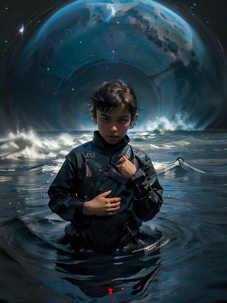 starry blue sky, far away "black silhouette of a boy", waves his hand, far away видны звезды и луна