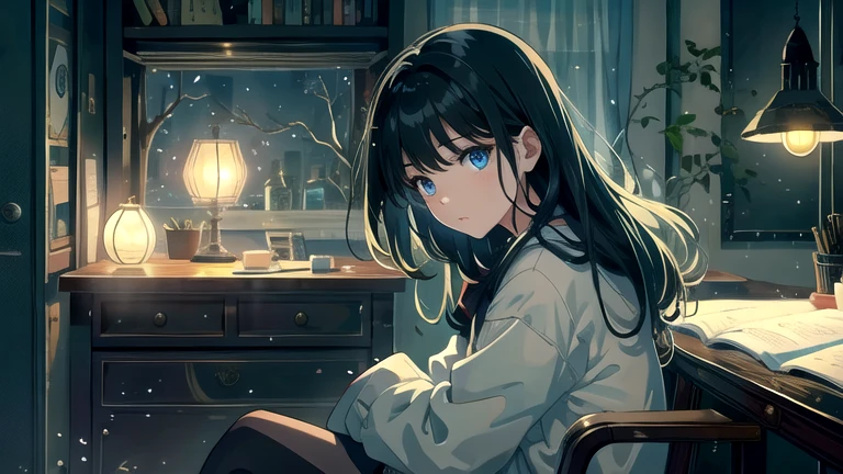 Create an illustration of a girl with black hair and blue eyes, sitting in a chair in front of a desk, Sentimental, Introspective look。, The moonlight gently shines into the room, Gently illuminate the space, Curtains sway in the wind, Increase tranquility, Dark mood, Emphasise the theme of loneliness, silence, And the depths of night, The room is dark、dimly lit by the moonlight