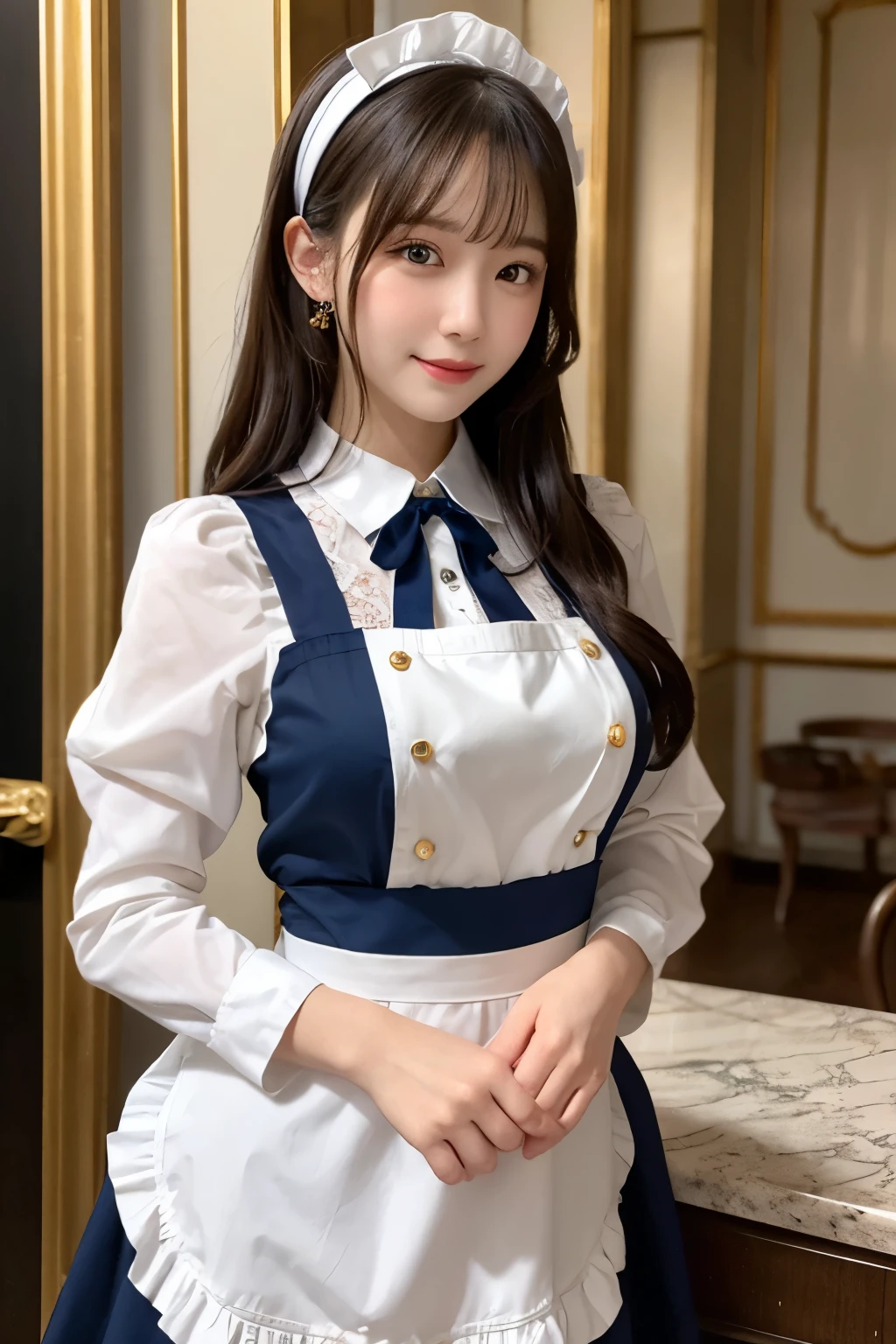 Detailed image of a young female character standing in a grand hall lined with marble columns。She has short, wavy blue hair、Has side fringe、Adorned with a white frilly headband and blue ribbon。Big blue eyes are kind、He has a slightly sad expression、There is a slight redness on the cheeks。She is wearing a classic maid outfit.、In a black puff sleeve dress、White ????? with lace trim、And a blue ribbon on the neckline.。The apron has gold teardrop decorations.、It is secured by a thin gold chain。She is holding the skirt of her dress with one hand、It is lifted a little、Her other hand is delicately placed to touch the ribbon on her chest.。In the background there is a blurred white decorative building.、The soft, indirect lighting creates a calm and elegant atmosphere.。smile、Large Breasts、ランダムでセクシーなポーズ