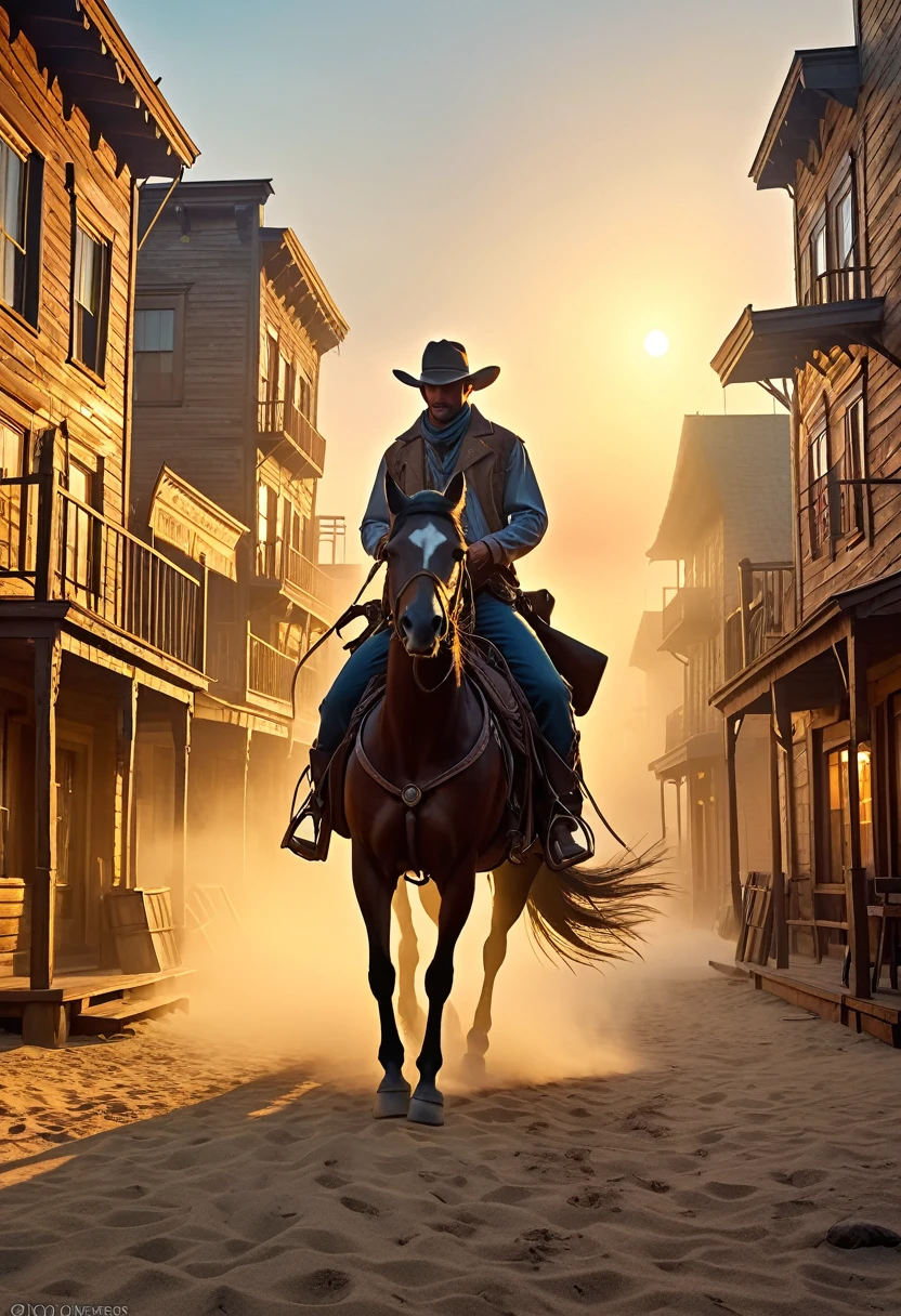( perfect anatomy ) A handsome cowboy(Cowboy hat) Denim clothes horse riding (Dynamic angle)Sunset over the streets of an old west town (Rich color levels)
Wind and sand flow in the air entwining the foggy scene movie lighting volumetric lighting, haze light, Fog lights high dynamic range wide screen cinematic effect bioluminescent style complex artwork large depth of field cinematic processing, Realistic magical fantasy scene highly detailed structure surreal, Digital art, high detail, HD
