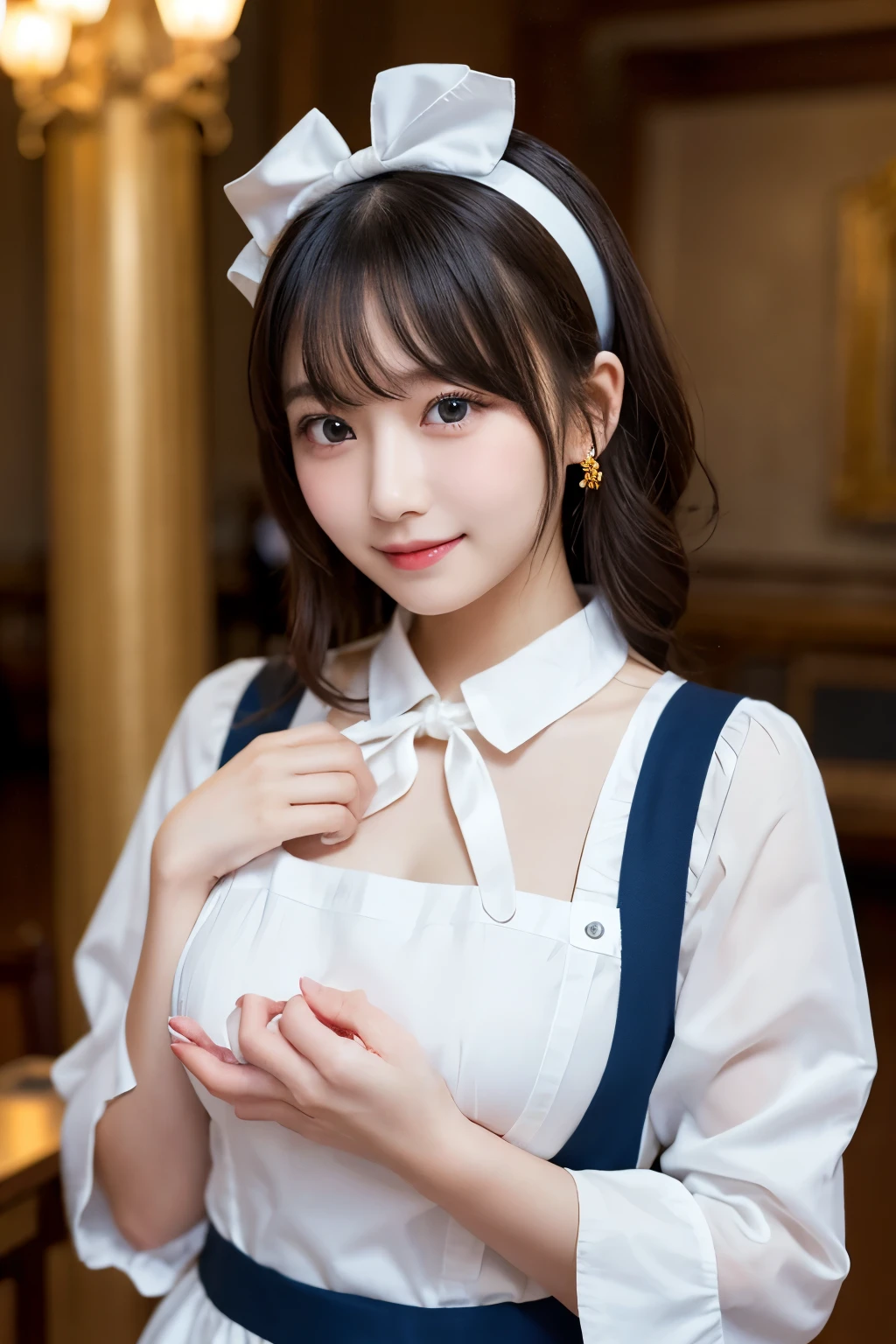 Detailed image of a young female character standing in a grand hall lined with marble columns。She has short, wavy blue hair、Has side fringe、Adorned with a white frilly headband and blue ribbon。Big blue eyes are kind、He has a slightly sad expression、There is a slight redness on the cheeks。She is wearing a classic maid outfit.、In a black puff sleeve dress、White apron with lace trim、And a blue ribbon on the neckline.。The apron has gold teardrop decorations.、It is secured by a thin gold chain。She is holding the skirt of her dress with one hand、It is lifted a little、Her other hand is delicately placed to touch the ribbon on her chest.。In the background there is a blurred white decorative building.、The soft, indirect lighting creates a calm and elegant atmosphere.。smile、Large Breasts、ランダムでセクシーなポーズ