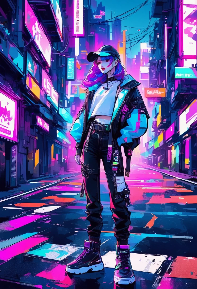 《Genshin Impact》General Raiden in stylish street fashion, Cyberpunk style, Neon lights, City background, Future Cityscape, Vibrant colors, Meticulous characters, Anime style,