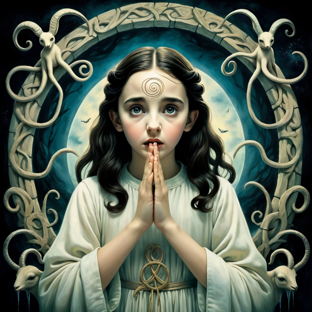 Make a dreamy mysterious horror style image symbolizing anxiety and hope, symbols of crossed fingers, childish, inspired by the visual in Guillermo Del Toros movie Pans Labyrinth
