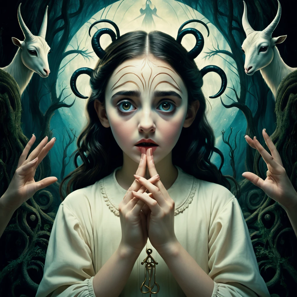 Make a dreamy mysterious horror style image symbolizing anxiety and hope, symbols of crossed fingers, childish, inspired by the visual in Guillermo Del Toros movie Pans Labyrinth