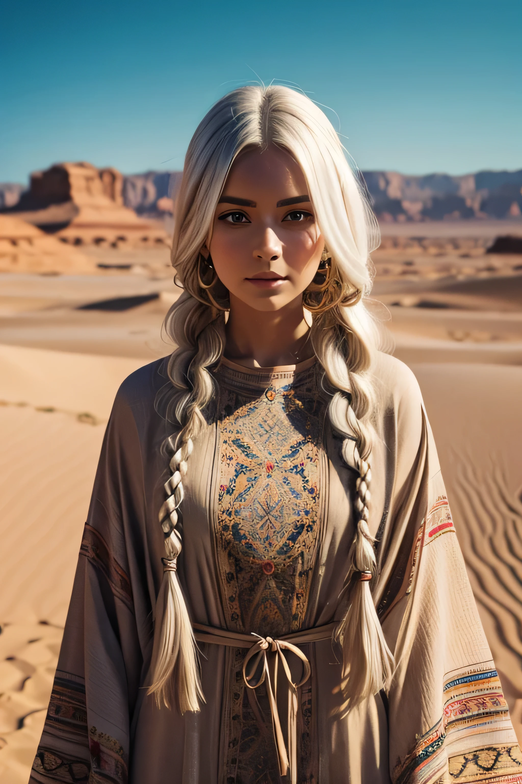 1 female, long white hair, braided hair, wearing a caftan, ugly face, 25 years old, desert background, absurdres, high res, ultrasharp, 8K, masterpiece, the image should be of absurd resolution and high detail. It should be ultra-sharp and available in 8K resolution, representing a masterpiece in image quality.