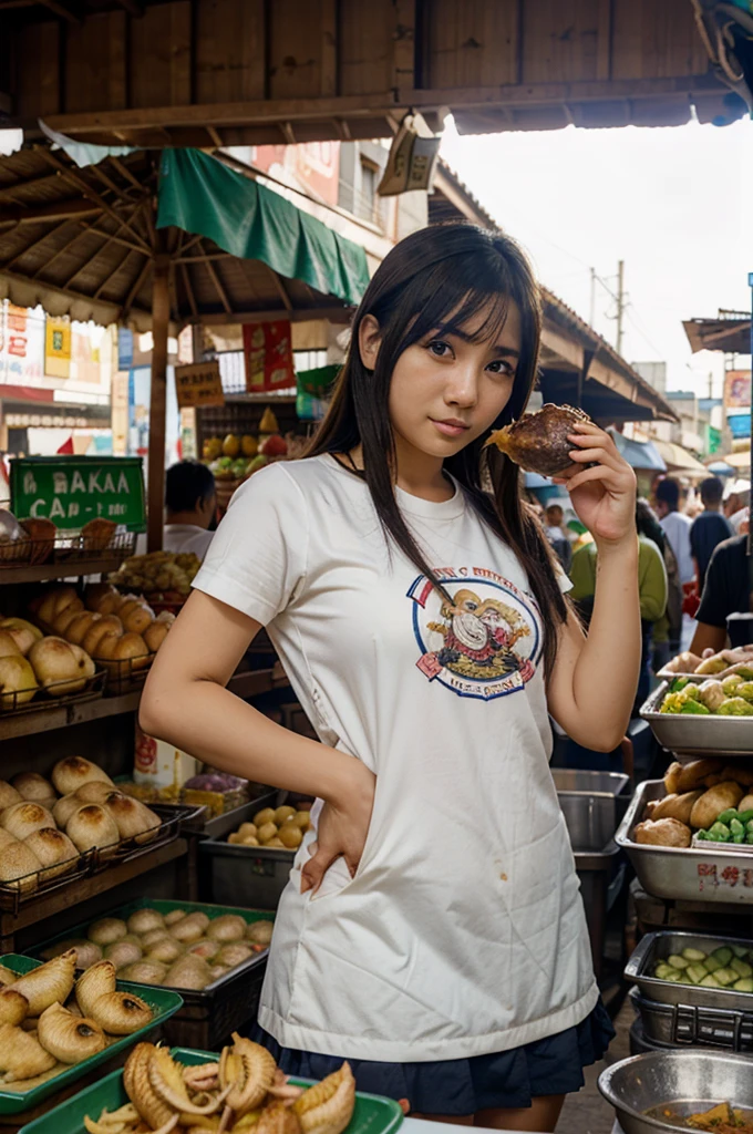 anime girl eating madura fried duck in local market with sign BEBEK MARKOLIR