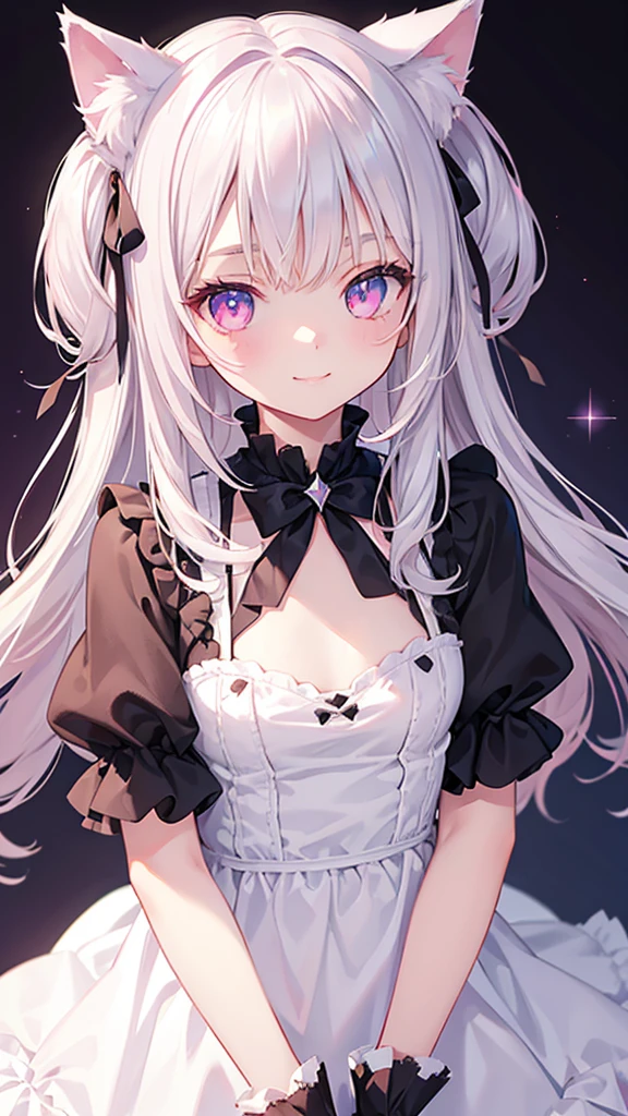 Highly detailed face,fine grain,Sparkling eyes,Highlighted eyes,Medium chest,pretty girl, smile,Longing eyes,Cat ear, Beautiful silver hair,Pink inside,Beautiful pink eyes, lolita fashion