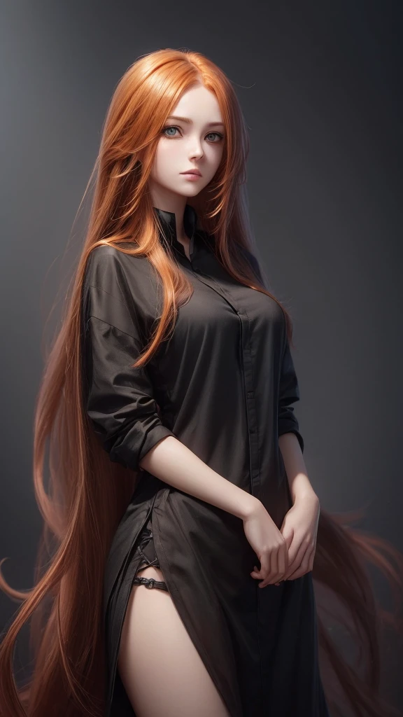 (high quality, ArtStation, Relax Art, fantasy style:1.2), (A beautiful girl), (long messy ginger hair), (black shirt)