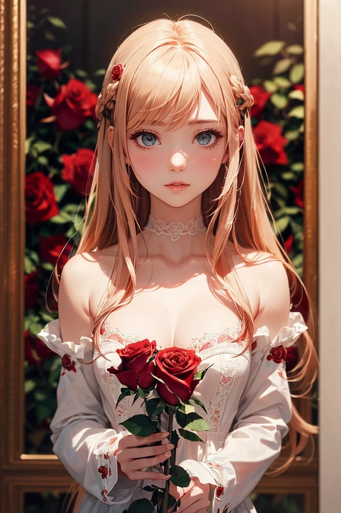 Absurd, High resolution, Super detailed, (A beautiful woman with long hair and beautiful eyes:1.3)、Vibrant colors、Sense of presence、Soft Focus、break、(Standing like a crimson rose:1.6)、(The smell of roses)、(Everyone is fascinated)、break、delicate silk、Delicate embroidery decoration、Very detailed and meticulous、Very beautiful art