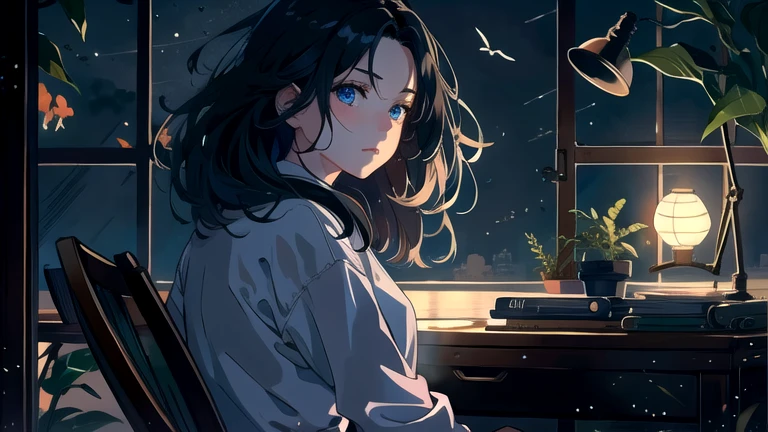 Create an illustration of a girl with black hair and blue eyes, sitting in a chair in front of a desk, Sentimental, Introspective look。, The moonlight gently shines into the room, Gently illuminate the space, Curtains sway in the wind, Increase tranquility, Dark mood, Emphasise the theme of loneliness, silence, And the depths of night, The room is dark、dimly lit by the moonlight
