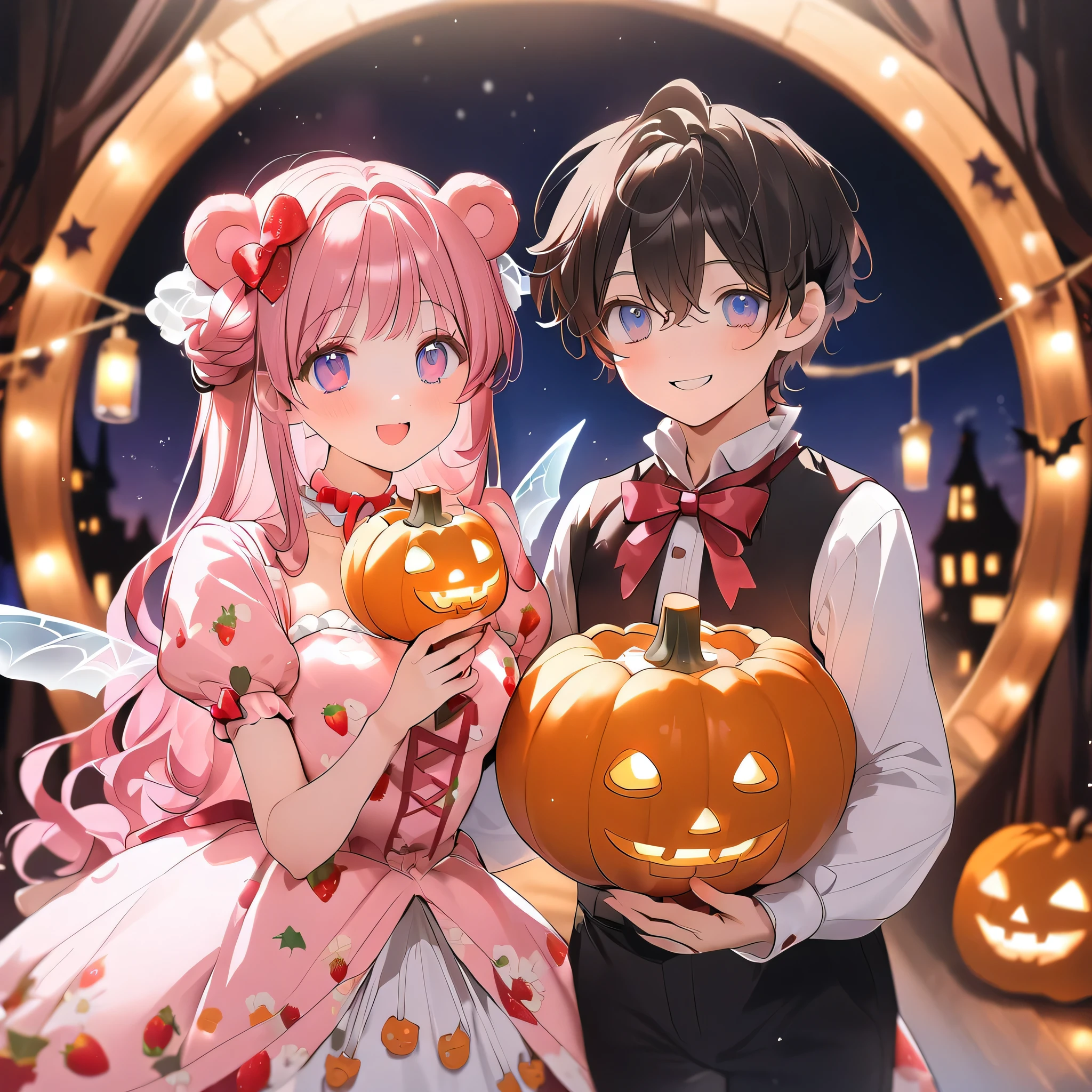 A lovely couple, Long hair girl, Short hair boy, Brown curly hairstyle, anime big eyes, Bright Eyes, Super cute, Wearing cute strawberry bear clothes, Pink and white strawberry bear floral dress, strawberry ice cream, Romantic charm, Fairy tale anime style, Kawaii Art, Girl holding flowers,Boys holding pumpkin lantern Gothic style,Wear Halloween Costumes,Christmas and Halloween background, Ultra-high-definition picture quality, Natural light,