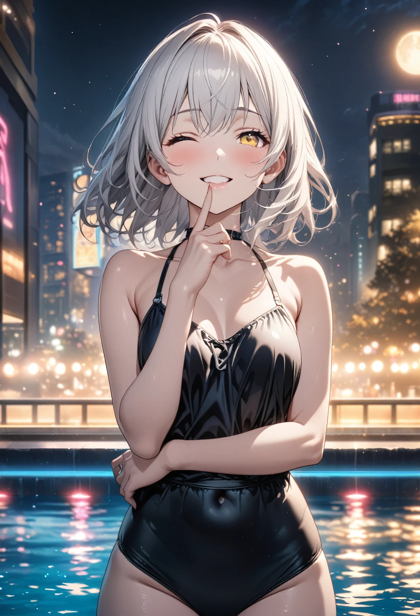 masterpiece, Highest quality, Highly detailed CG Unity 8k wallpaper, Realistic skin texture, Anatomical Hand, High School Girl Anime Illustration. Wear a black swimsuit、Korean Finger Heartのポーズをしている、she has her eyes closed and mouth open, smile. The background is a light pastel colored landscape., White hair color, Yellow Eyes, night, Neon light pool, illumination, Bokeh, full moon, shallow depth of field, Cowboy Shot