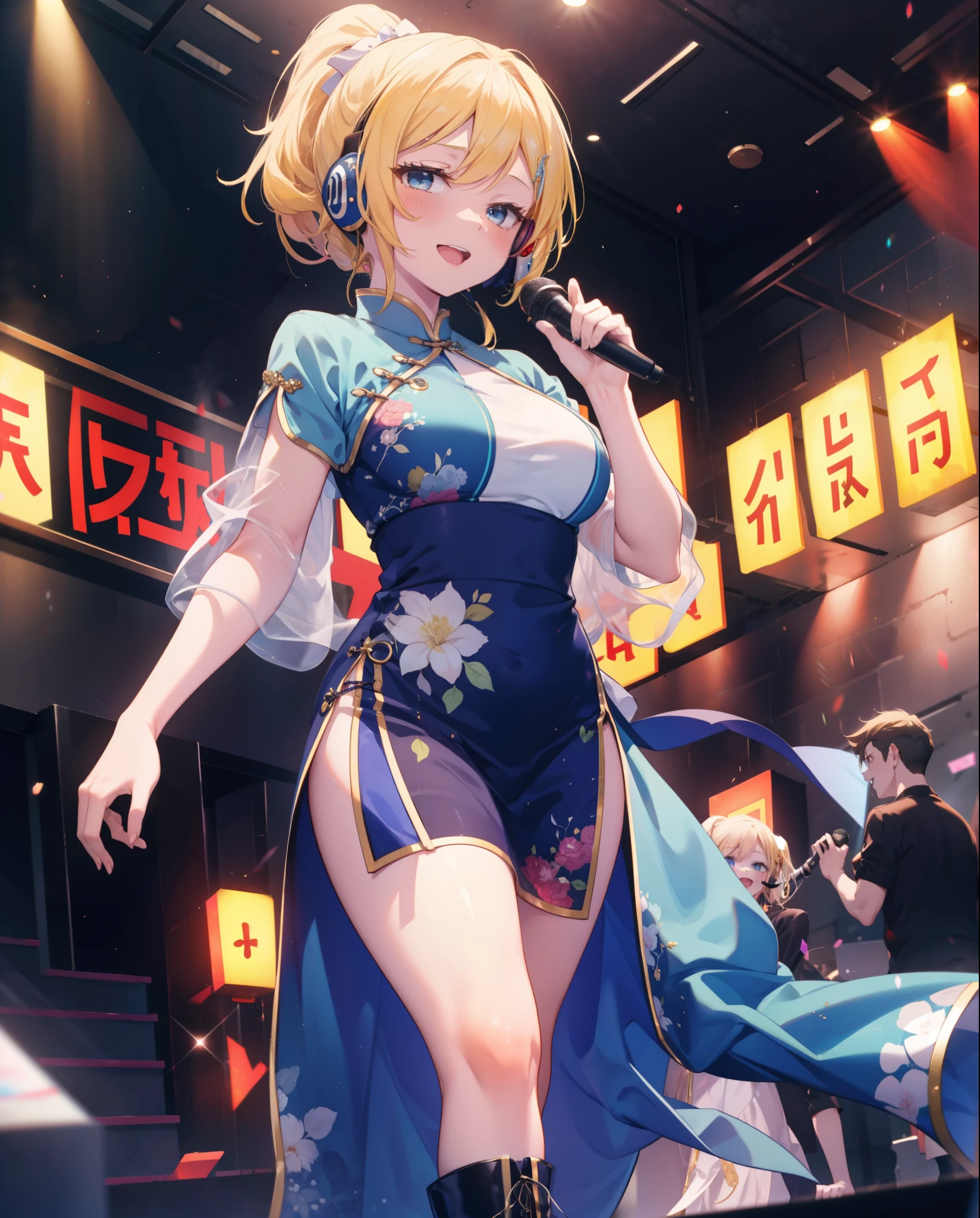 Eliase, catalyst, Yellow Hair, blue eyes, ponytail, Hair Ribbon,Big Breasts, happy smile, smile, Open your mouth,Illustration of a scene where an idol singer sings enthusiastically on a live stage. An idol singer stands in the center of the stage. Light blue Chinese clothing,Long slit,short boots,The idol singer has her hair up and is wearing a headset. An idol singer is holding a microphone and singing. The idol singer&#39;s expression is serious and powerful. The singer&#39;s voice is strong and beautiful. Fans gather around the stage. Fans are singing and dancing along with the idol singers.
break looking at viewer,
break indoors, classroom, 
break (masterpiece:1.2), Highest quality, High resolution, unity 8k wallpaper, (figure:0.8), (Beautiful attention to detail:1.6), Highly detailed face, Perfect lighting, Highly detailed CG, (Perfect hands, Perfect Anatomy),