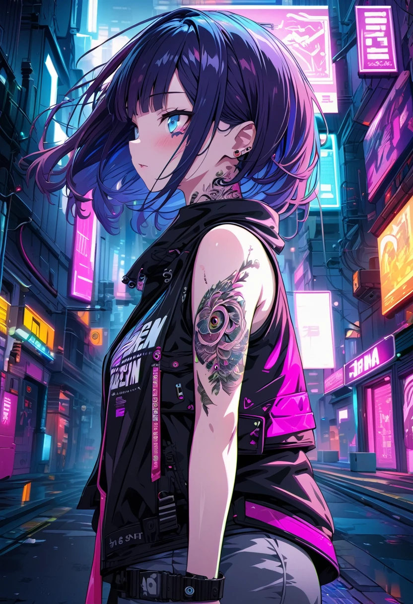 1girl, (striped panties), leather jacket, from behind, , nigh city,  (Highest Quality, Amazing Details:1.25),  Brilliant Colorful Paintings, lineart