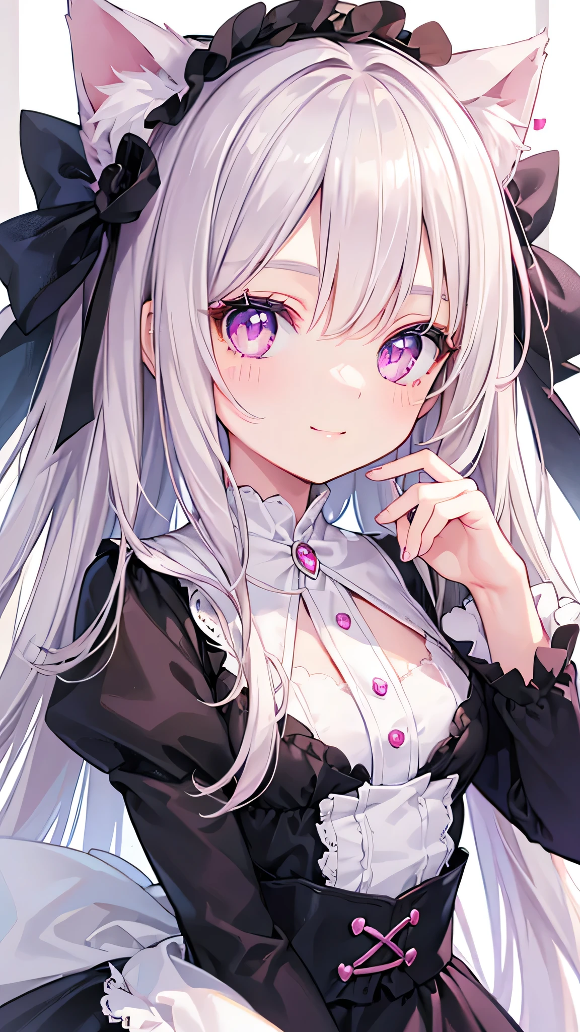 Highly detailed face,fine grain,Sparkling eyes,Highlighted eyes,Medium chest,pretty girl, smile,Longing eyes,Cat ear, Beautiful silver hair,Pink inside,Beautiful pink eyes, lolita fashion