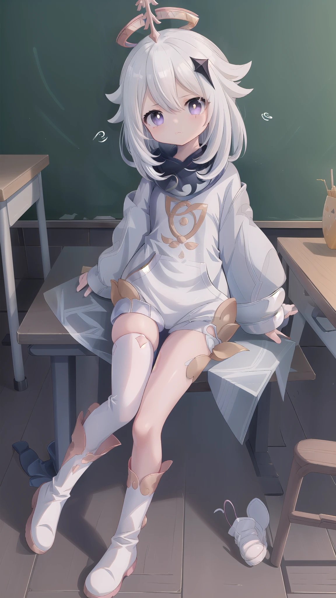 ((paimeng girl))(hoodie:1.3),classroom,, masterpiece, best quality,write leather boots,1girl, 独奏, thighhighs, Paimon (genshin impact), long sleeves, white dress, dress, Halation, thighhighs under boots, single thighhigh, bangs, boots, hair between eyes, white footwear, white thighhighs, white hair