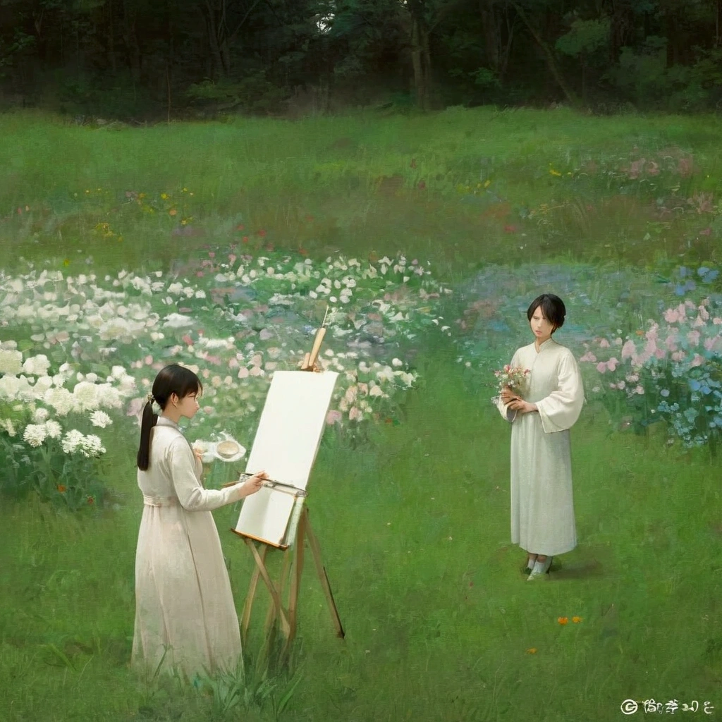 painting in a field of flowers with a woman in a white dress, by Wen Zhenheng, still from a live action movie, still from a fantasy movie, inspired by Shin Saimdang, a beautiful painting, as a painting, tarkovsky scene, painting come to life, a still of an ethereal, studio ghibli smooth concept art, art studio ghibli