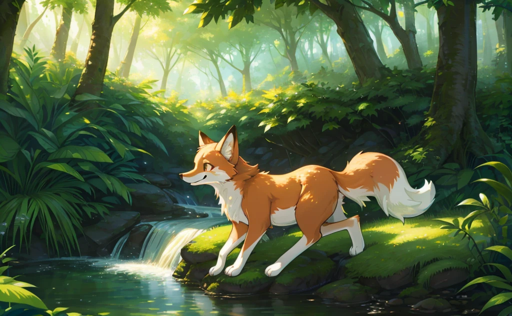 a happy fox in a lush fertile forest,photorealistic,intricate details,hyperrealistic,soft lighting,warm color palette,vibrant foliage,sparkling water,small woodland creatures,beautiful scenery,dynamic composition,breathtaking realism,masterpiece,hyperdetailed