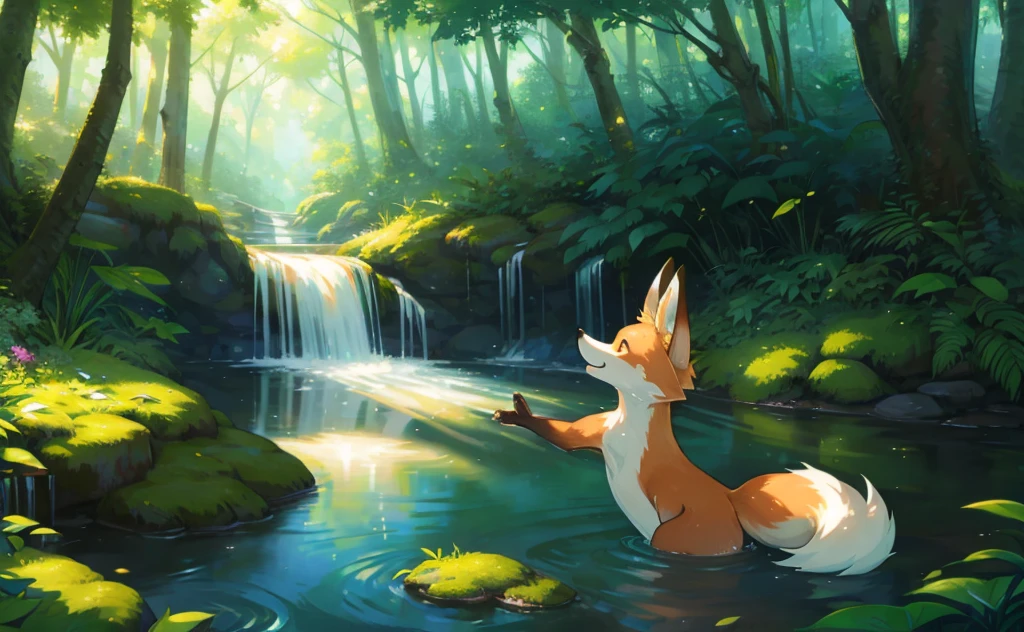 a happy fox in a lush fertile forest,photorealistic,intricate details,hyperrealistic,soft lighting,warm color palette,vibrant foliage,sparkling water,small woodland creatures,beautiful scenery,dynamic composition,breathtaking realism,masterpiece,hyperdetailed