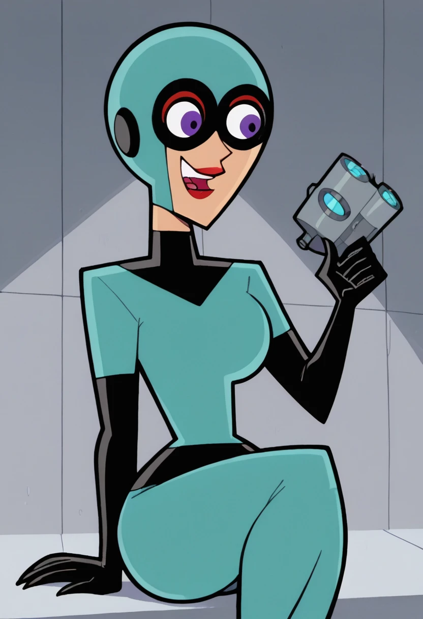 m_fenton, 1girl, solo, smile, mask on, red goggle, red lips,blue rubber jumpsuit, short hair, lipstick, purple eyes, makeup, smile, sitting, blunt bangs, black gloves, bangs, open mouth, breasts, stylized artstyle, cartoon,