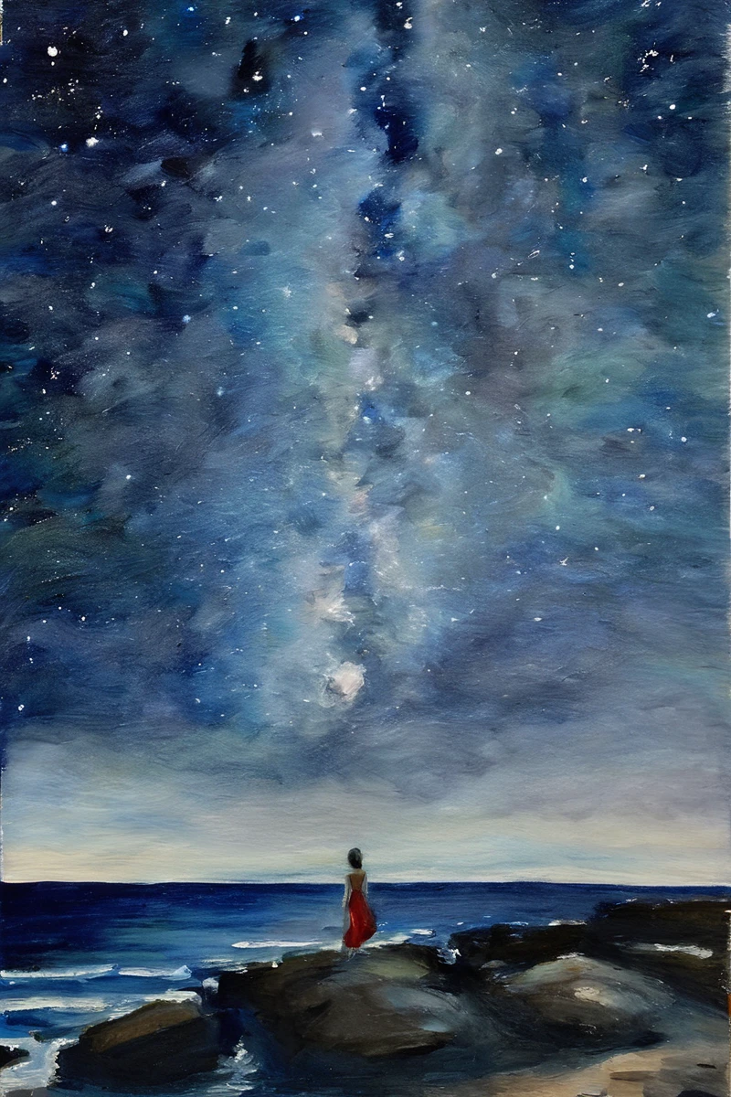 Night sky，The rocky beach and the sea. There is a blurry woman with her back to the picture. The figure is very small and stands in the middle. No text, just beach.