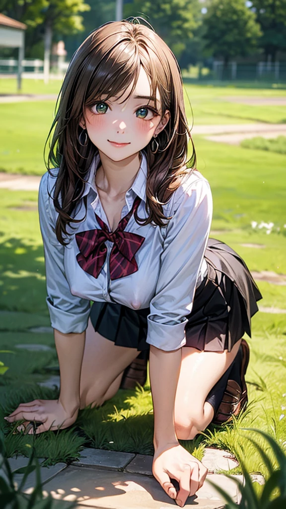 (masterpiece:1.2, top-quality), (realistic, photorealistic:1.4), beautiful illustration, (natural side lighting, movie lighting), 
looking at viewer, cowboy shot, front view:0.6, 1 girl, japanese, high school girl, perfect face, cute and symmetrical face, shiny skin, 
(long hair:1.8, straight hair:1.7, light brown hair), parted bangs, emerald green eyes, long eye lasher, (large breasts:0.9, thick thighs), 
beautiful hair, beautiful face, beautiful detailed eyes, beautiful clavicle, beautiful body, beautiful chest, beautiful thigh, beautiful legs, beautiful fingers, 
((, white collared shirts, black pleated mini skirt, black socks, brown loafers, red bow tie)), break, hoop ring earrings, pink panties, dark blue violet cardigan
(beautiful scenery),
In the grass in the meadow, ((girl on all fours)) A large dog is lying on its back.
Her face is bright red, her brow is furrowed, her mouth is open, and she looks delighted. Her large breasts and nipples are standing out, even through her shirt. The skirt is shorter than normal, but even shorter. The girl has brown hair.

(Very short skirt).

(Very short skirt).

