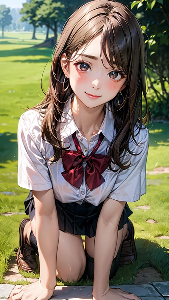 (masterpiece:1.2, top-quality), (realistic, photorealistic:1.4), beautiful illustration, (natural side lighting, movie lighting),
looking at viewer, cowboy shot, front view:0.6, 1 girl, japanese, high school girl, perfect face, cute and symmetrical face, shiny skin,
(long hair:1.8, straight hair:1.7, light brown hair), parted bangs, emerald green eyes, long eye lasher, (large breasts:0.9, thick thighs),
beautiful hair, beautiful face, beautiful detailed eyes, beautiful clavicle, beautiful body, beautiful chest, beautiful thigh, beautiful legs, beautiful fingers,
((, white collared shirts, black pleated mini skirt, black socks, brown loafers, red bow tie)), break, hoop ring earrings, pink panties, dark blue violet cardigan
(beautiful scenery),
In the grass in the meadow, ((girl on all fours)) A large dog is lying on its back.
Her face is bright red, her brow is furrowed, her mouth is open, and she looks delighted. Her large breasts and nipples are standing out, even through her shirt. The skirt is shorter than normal, but even shorter. The girl has brown hair.
(Very short skirt).
(Very short skirt).