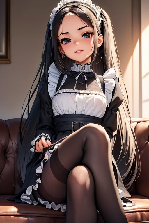 #基本
A girl is posing for a photo, ((One Girl)), (((Baby Face:1.2)) + ((cute:1.3))),
#A girl is posing for a photo, ((One Girl)), (((Baby Face)) + ((cute)) + ),
break
#Clothing Accessories
(((Black and white:1.4)Gothic Lolita styled outfit) : Elegant + (Dirndl) + Gothic Lolita Fashion +k Gothic Lolita + (black cors+ ((Black and white)Headdress) + (White apron)) + (Sheer elbow gloves) + (White cufflinks) + (Sheer black pantyhose:1.4) + (Black High Heels),
red gem earrings,
break
#Features
((Gray Hair:1.4)), (I can see a beautiful forehead:1.4), (Twin tails : Long Hair + Curly hair + Fuller Hair + Red string ribbon),
(Droopy eyes, blue eyes), (Very small breasts),
break
#background environment
(noon, (A room in a large Western-style mansion + Sunlit room)),
#Facial Expression Pose
((Wicked Smile, blush), (A confident and condescending pose, (Sitting on a gothic sofa), (cross your legs))),
#composition
(To the camera, Diagonal focus, (Capture your feet clearly)),
break
#Body parts elements
(Slim figure),
(Detailed Hair, Beautiful Hair, Shiny Hair),
(double eyelid, Long eyelashes),
(Expression of fine eyes, Beautiful and delicate eyes, Sparkling eyes, Eye Reflexes, Glitter Eyeliner, Big eyes:1.2),
(Human Ear),
(Beautiful Nose, Thin Nose),
(Glossy Lips, Beautiful Lips, Thick lips, Glossy Lips, Natural Cheeks),
(Detailed face, Symmetrical facial features),
(Detailed skin, Textured skin, Beautiful Skin, Glowing Skin),
break
#Quality Image Quality Common
(((Highest quality)), ((masterpiece)), ((Very detailed))), ((High resolution)), ((16K,1080P)),
(Anatomically correct), (Realistic), (3DCG),
#Quality image illustration
((comics, anime)), CG illustration,