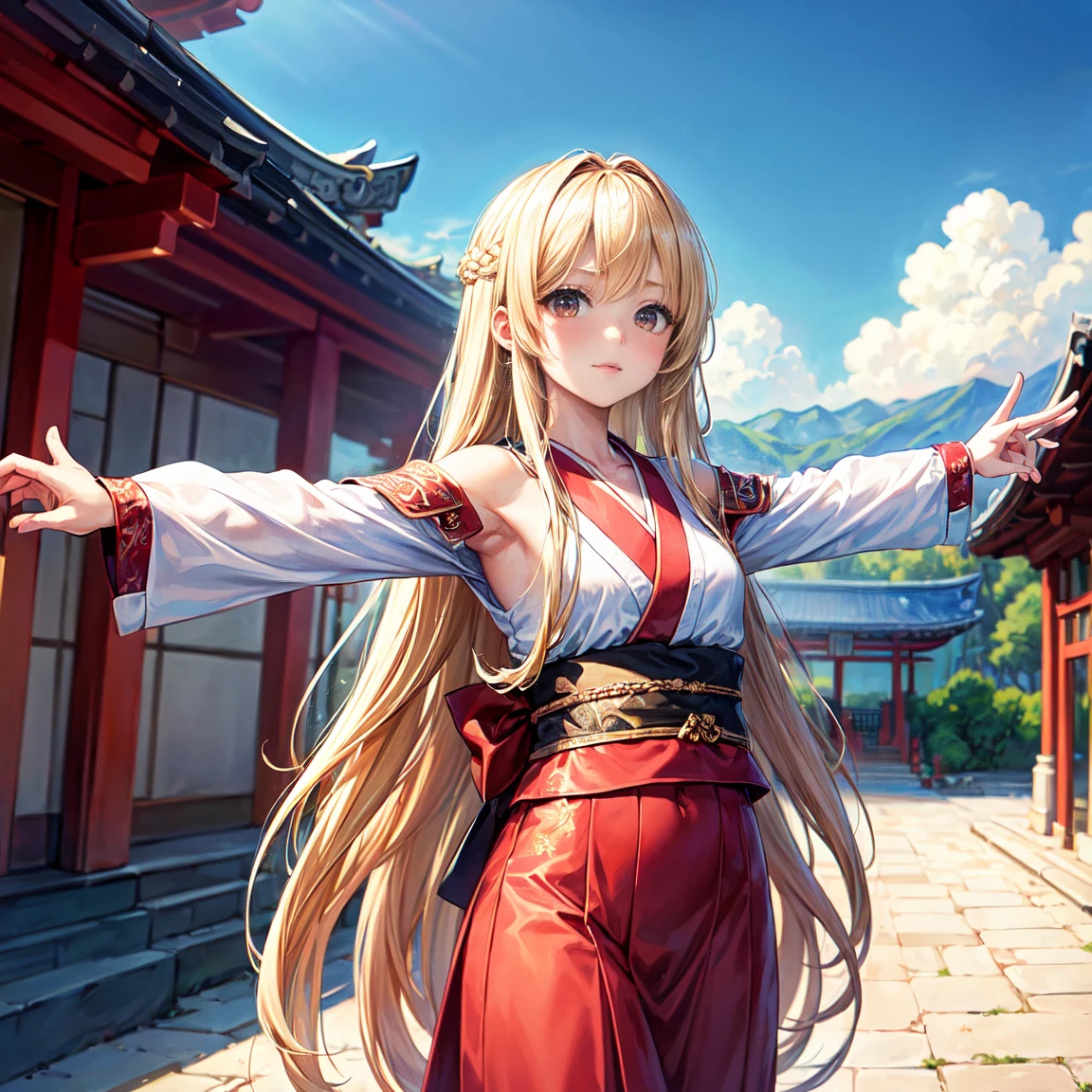 ((masterpiece、Highest quality、High resolution、Perfect Pixel、8k))、The background is the temple、１People Girls、Japanese、Idol、cowboy shot、((spread arms))、((very long hair、Blonde))、Angel&#39;s wing、Angel Halo、Clothing in Greek mythology、((Brown eyes、Beautiful eyelashes、current eyes))、((Detailed face、blush:1.2))、((Smooth texture:0.75、Realistic texture:0.65、Dynamic Angle、Perfect body、shoot from above