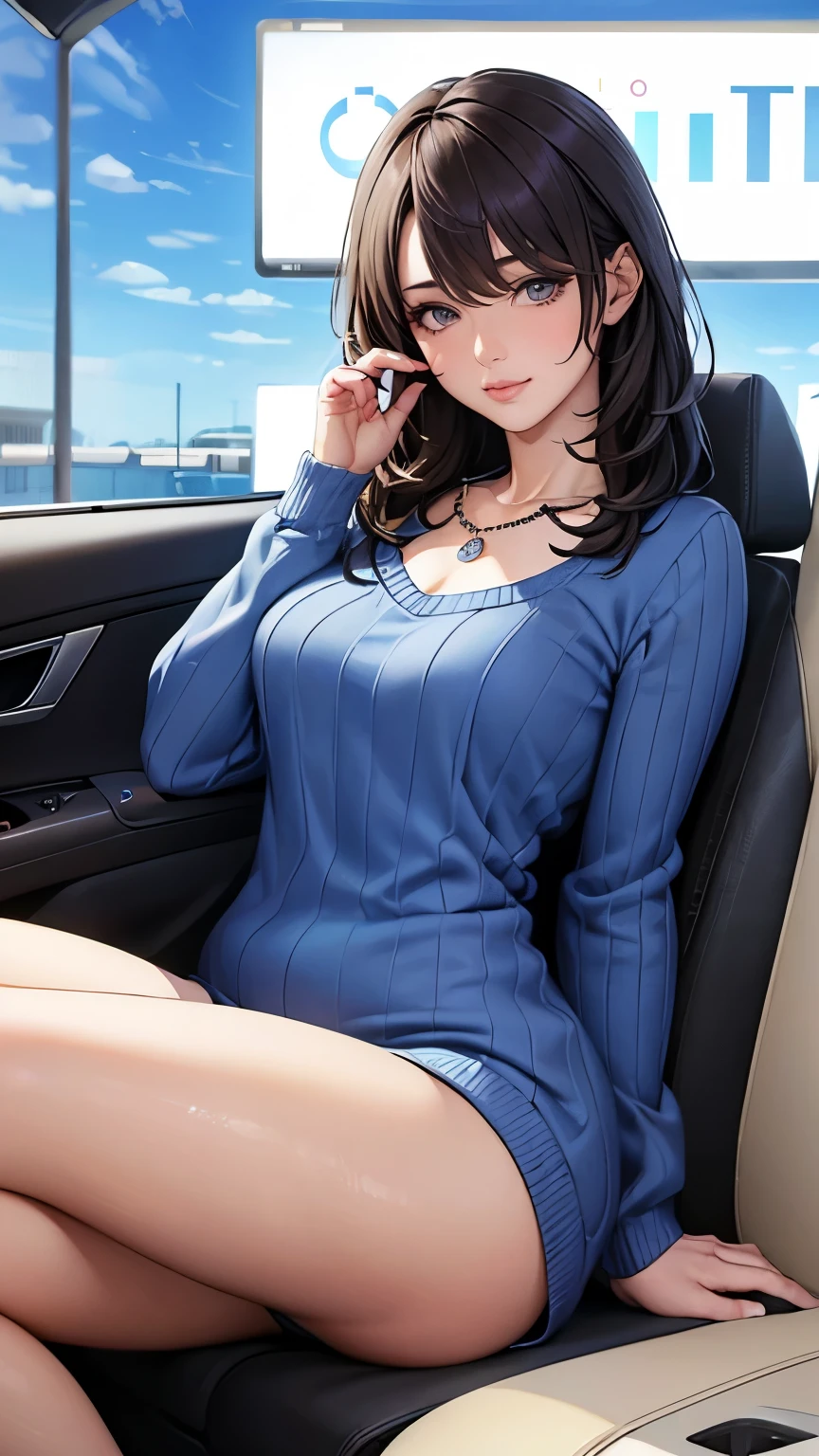 ((Highest quality, 8k, masterpiece:1.3)), concentrated:1.2, Perfect Body Beauty:1.4, Hips:1.2, ((Delicate hair)), (Sweater dress:1.1) , (sports car, street: 1.2), Highly detailed face and skin texture, Detailed eyes, double eyelid, Whitening skin, Big Breasts, smile, Put on a necklace, ring, A person sitting in a car with their butt up々,