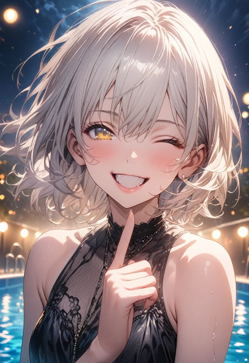 masterpiece, Highest quality, Highly detailed CG Unity 8k wallpaper, Realistic skin texture, Anatomical Hand, High School Girl Anime Illustration. Wear a black swimsuit、Finger Heartのポーズをしている、she has her eyes closed and mouth open, smile. The background is a light pastel colored landscape., White hair color, Yellow Eyes, night, Neon light pool, illumination, Bokeh, full moon, shallow depth of field, Cowboy Shot