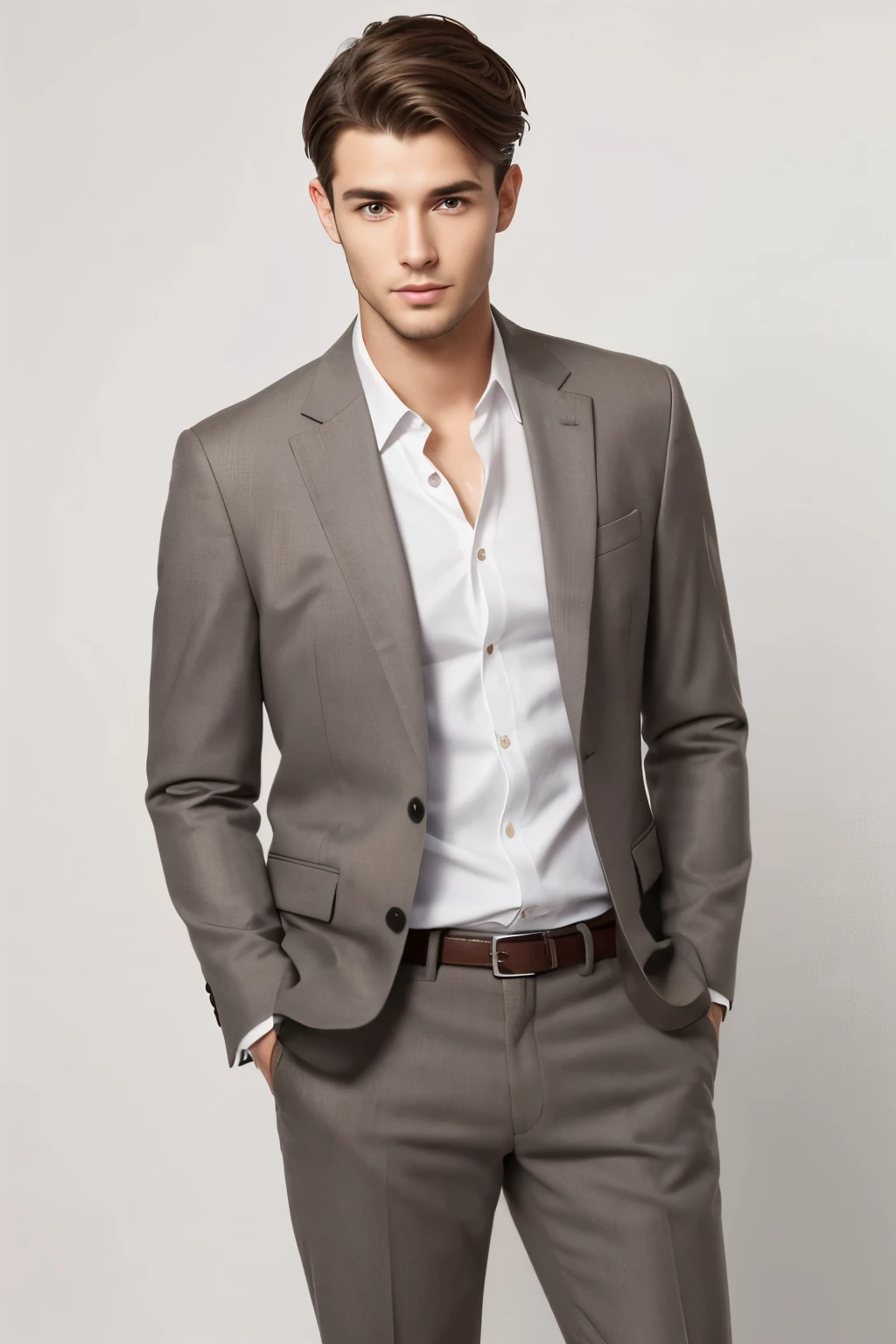 Handsome man in his early 20s、（Handsome European man in his 20s：1.3）、Like gay handsome guy、Please face forward、Male in his early 20s、Brown short hair，Gray suit，White shirt，Hands in pockets，Simple background，White background