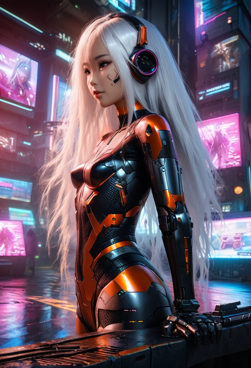 1 Girl, A beautiful girl robot cyberpunk and high-rise buildings in the cyberpunk city, White hair, White, orange and black mechanical suit color scheme, body full of machines, Realistic future holograms, Asian skin color, beautiful eyes, beautiful asian face, Cyber Headset, Suitable for sturdy mecha, Realistic machines, sci-fiish landscape, manipulation is a masterpiece, Long hair, masterpiece, Cyberpunk suit, Realistic sci-fi architectural texture mecha aesthetics, Digital cyberpunk, Hanging over the city, cybertech, Realistic hair, Lots of hair, Graying of hair, Realistic metal 3D texture of buildings, Realistic neon lights光, Realistic neon lights, Beautiful side light, Realistic futuristic cyberpunk architecture, Realistic girl cyberpunk, FOG, Fudge, masterpiece of detail, The original image, Depth of Field, Points of Interest, Depth of Field is masterpiece, best photography composition masterpiece, natural Realistic hair, rule of third masterpiece photography, Natural Lighting, photography masterpiece Natural Lighting from side, Realistic skin texture, strong reflection, ( Pose on Pinterest) masterpiece beautiful, Devil's Point, Smooth pixels, Light rays, Soft Light, Small Breasts, 网络面具masterpiece, masterpiece fantasy gun, Carry fantasy weapons