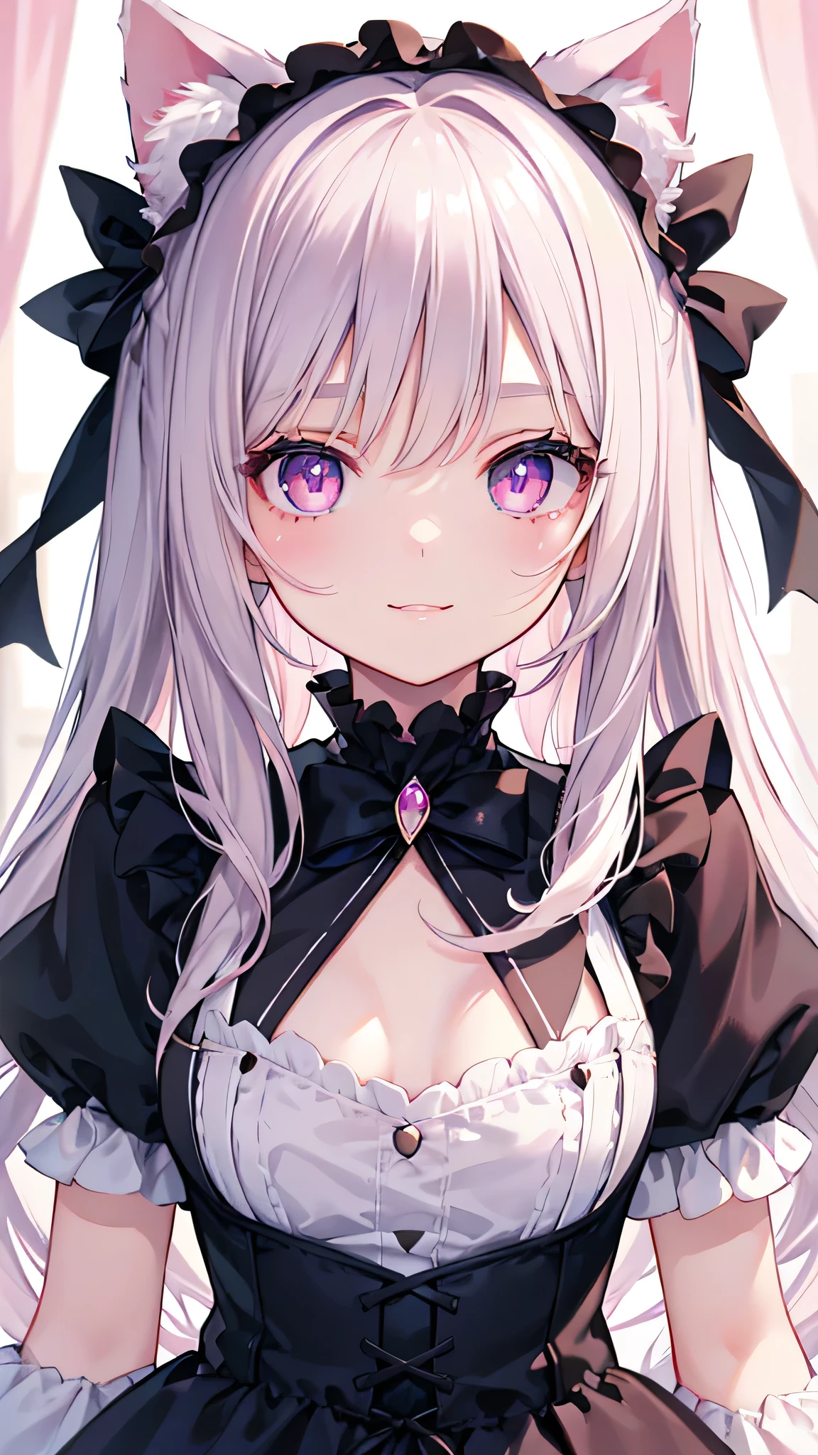 Highly detailed face,fine grain,Sparkling eyes,Highlighted eyes,Medium chest,pretty girl, smile,Longing eyes,Cat ear, Beautiful silver hair,Pink inside,Beautiful pink eyes, lolita fashion