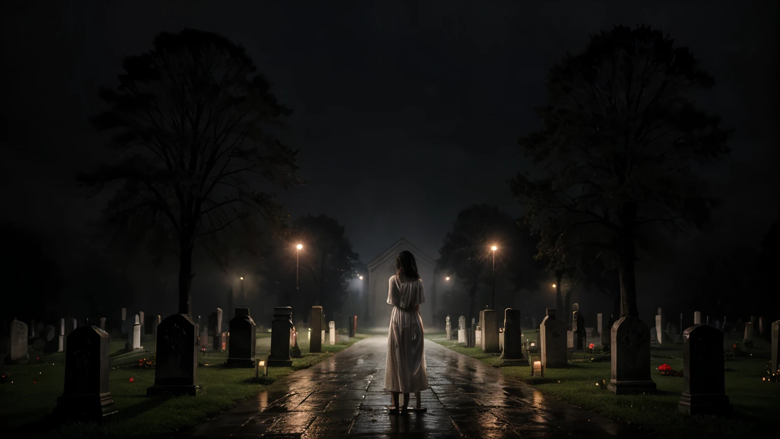 phantom, standing, de corpo inteiro, white dress stained with blood, look straight ahead, macabre cemetery scene, around a gloomy fog, on a rainy night, picture-perfect, realisitic, 8k