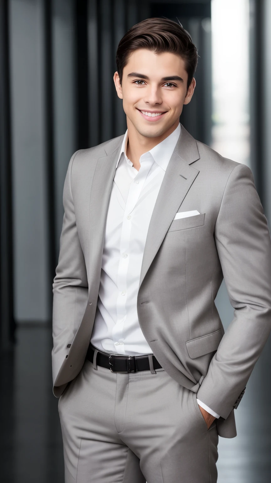 Best quality image: A full-body photo,A tall figure、Has short brown hair、25-year-old sunny boy,fit、Muscular man, Wearing an elegant grey suit. Hands in pockets,His smile is filled with happiness and confidence.,He stood on a clean, Neat background. Clear image details,Relaxed natural texture. The lighting is very cinematic, Casting a soft and bright light on his muscular face, Enhance the depth and dimension of your photos.