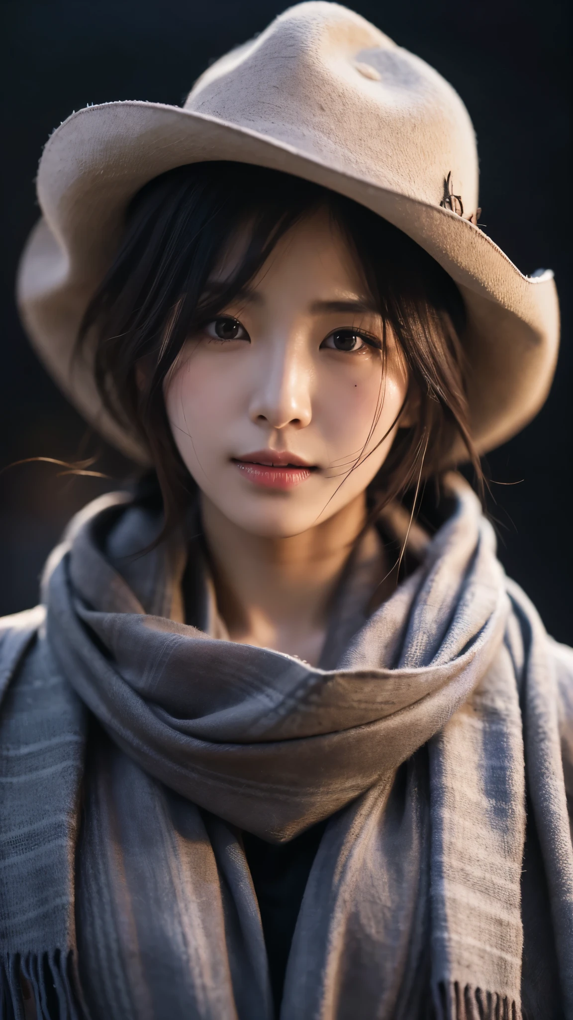 extreme close-up of beautiful beautiful korean female, 34 inch breasts size, wearing as cowboy, with gray scarf, darkness, bokeh background, cinematic scene, UHD