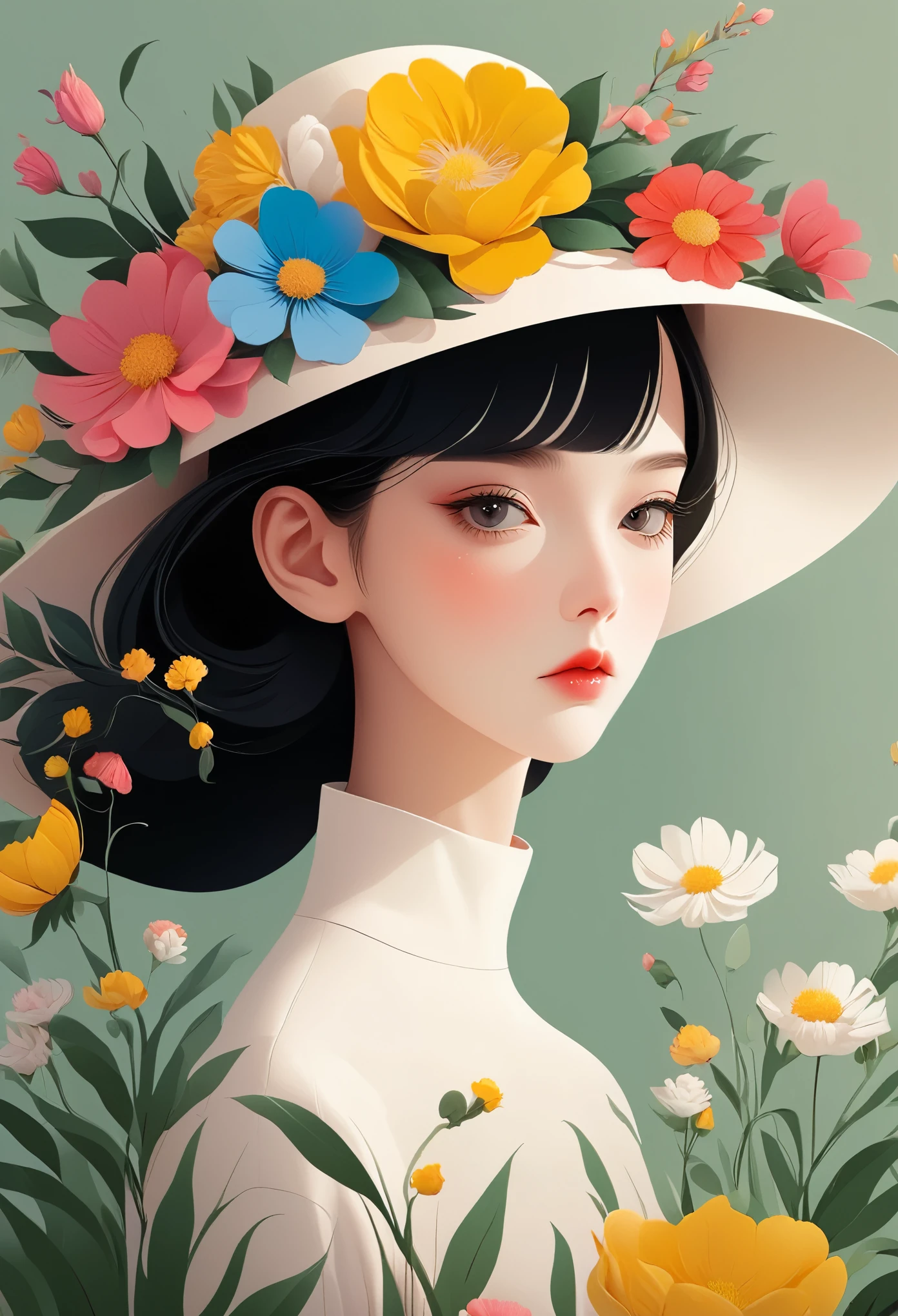 Vector，Flat style，illustration，The Minimalists，数字艺术illustration，A girl wearing a hat with various flowers，Unique，Black Hair，Pretty Face，Big bright eyes，portrait，Shoulder，Beautiful hands，Coordinated body proportions，Beautiful artistic conception，Abstract background