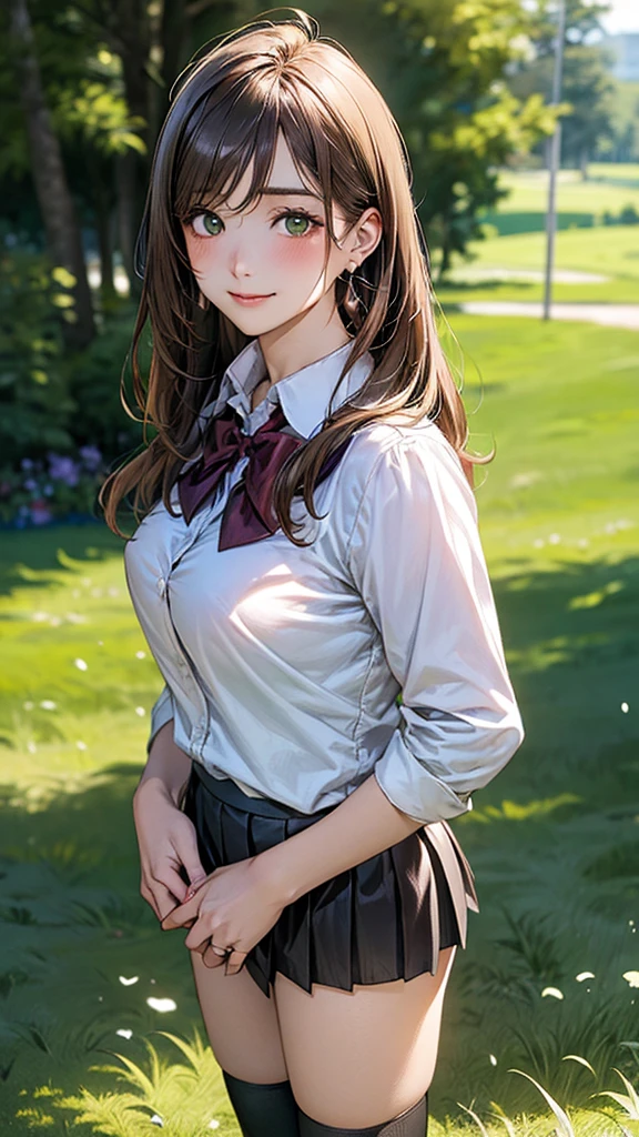 (masterpiece:1.2, top-quality), (realistic, photorealistic:1.4), beautiful illustration, (natural side lighting, movie lighting), 
looking at viewer, cowboy shot, front view:0.6, 1 girl, japanese, high school girl, perfect face, cute and symmetrical face, shiny skin, 
(long hair:1.8, straight hair:1.7, light brown hair), parted bangs, emerald green eyes, long eye lasher, (large breasts:0.9, thick thighs), 
beautiful hair, beautiful face, beautiful detailed eyes, beautiful clavicle, beautiful body, beautiful chest, beautiful thigh, beautiful legs, beautiful fingers, 
((, white collared shirts, black pleated mini skirt, black socks, brown loafers, red bow tie)), break, hoop ring earrings, pink panties, dark blue violet cardigan
(beautiful scenery),
In the grass of the meadow, I stand alone.
Her face is bright red, her brow is furrowed, her mouth is open, and she looks delighted. Her large breasts and nipples are standing out, even through her shirt. （The skirt is shorter than normal, but even shorter.) The girl has brown hair.

(Very short skirt).
