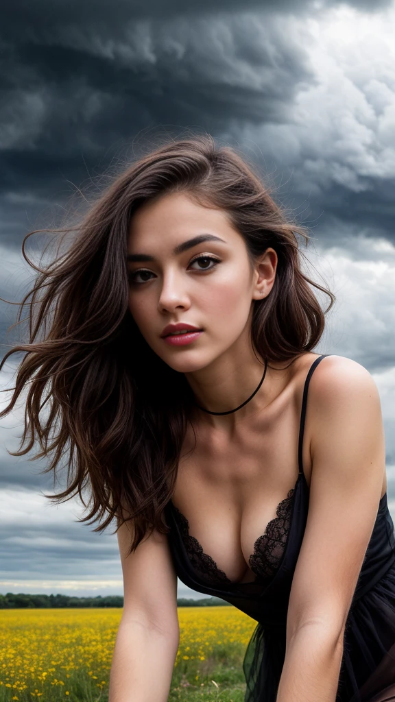 A beautiful european girl, Eve, from below, wearing black organza dress, transparent dress, cleavage, black stockings, full body, black shoes, meadow, grey sky tornado. She is 24 years old, has black hair, long hair, curly hair and black eyes. Her cloth is stylish and her overall appearance is stunning. The girl's face is extremely detailed with beautifully detailed lips. Her skin is anatomically correct with realistic textures. The image should have super high details and be of the best quality, with a resolution of 8K. The final result should be a masterpiece, showcasing the girl's beauty and the vibrant atmosphere of The Sky and storm
