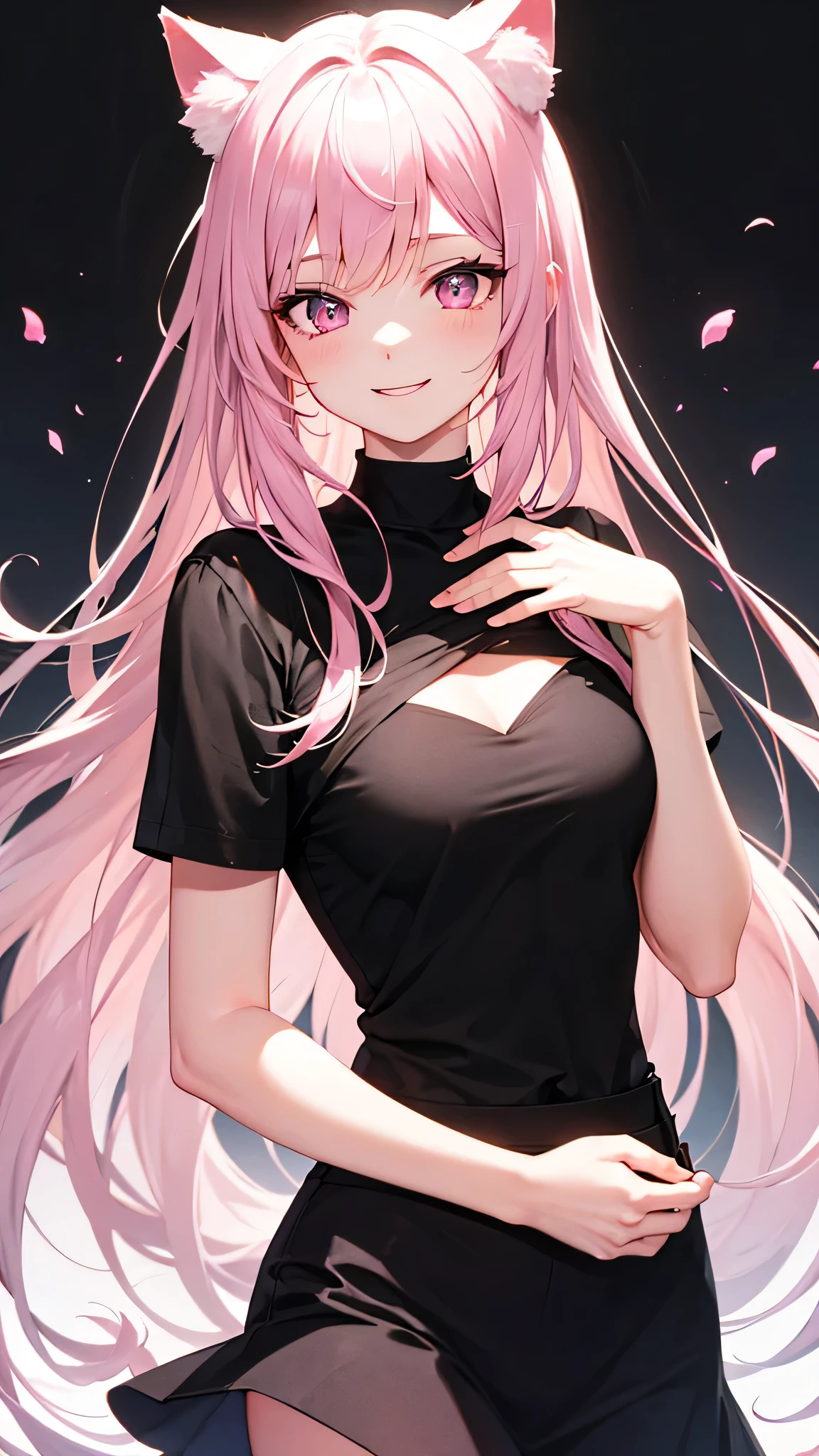 Center of chest,pretty girl,Cat ear,Beautiful silver hair,Pink inside,Beautiful pink eyes,black shirt,black skirt,dark,smile