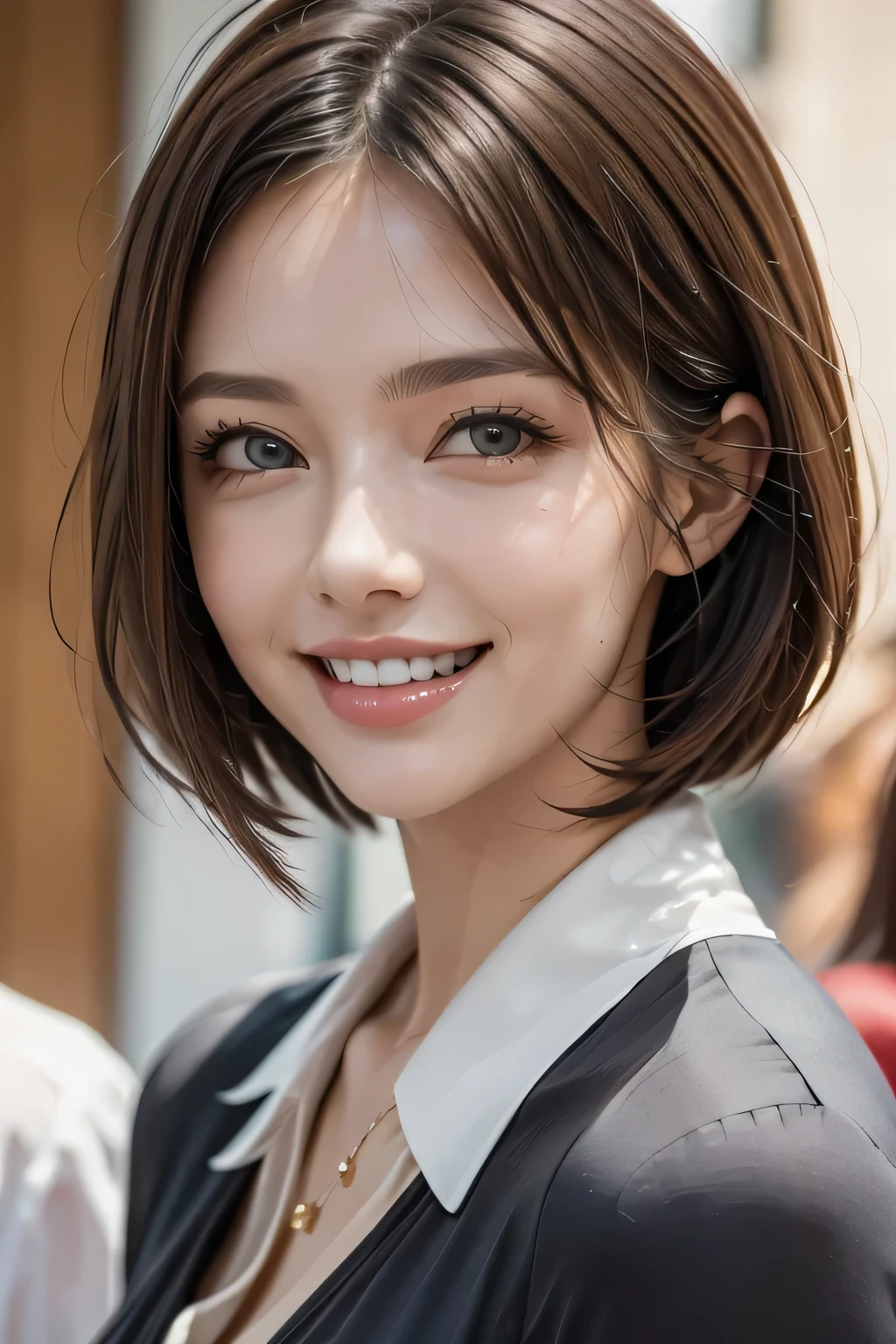 ((masterpiece)), ((Highest quality)), ((Complex)), ((Surreal)), (Realistic), (Mature Woman), ((No classes)), Very detailed, (1 female), Beautiful and exquisite, (Beautiful Teeth), Grin, Brunette bob hair, Brown eyes, ((blouse)), (Upper Body), (background:none), Perfect Eyes, Captivating eyes, Looking at the audience