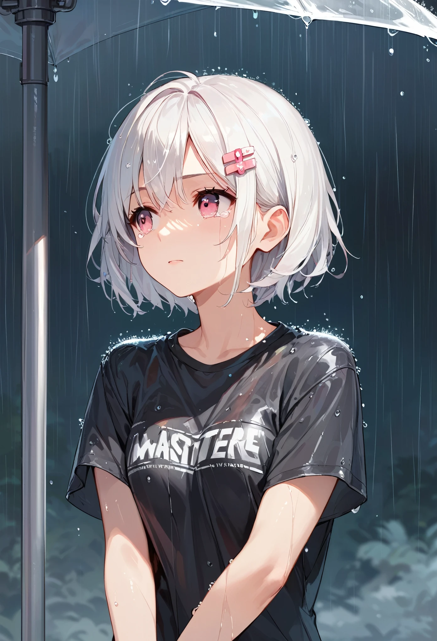 score_9, score_8_up, score_7_up,source_anime, high res image,masterpiece,best quality,girl,cute face,clear skin,white hair,short hair, pink eyes,crying,rainy,looking away,hairpin,t-shirt,