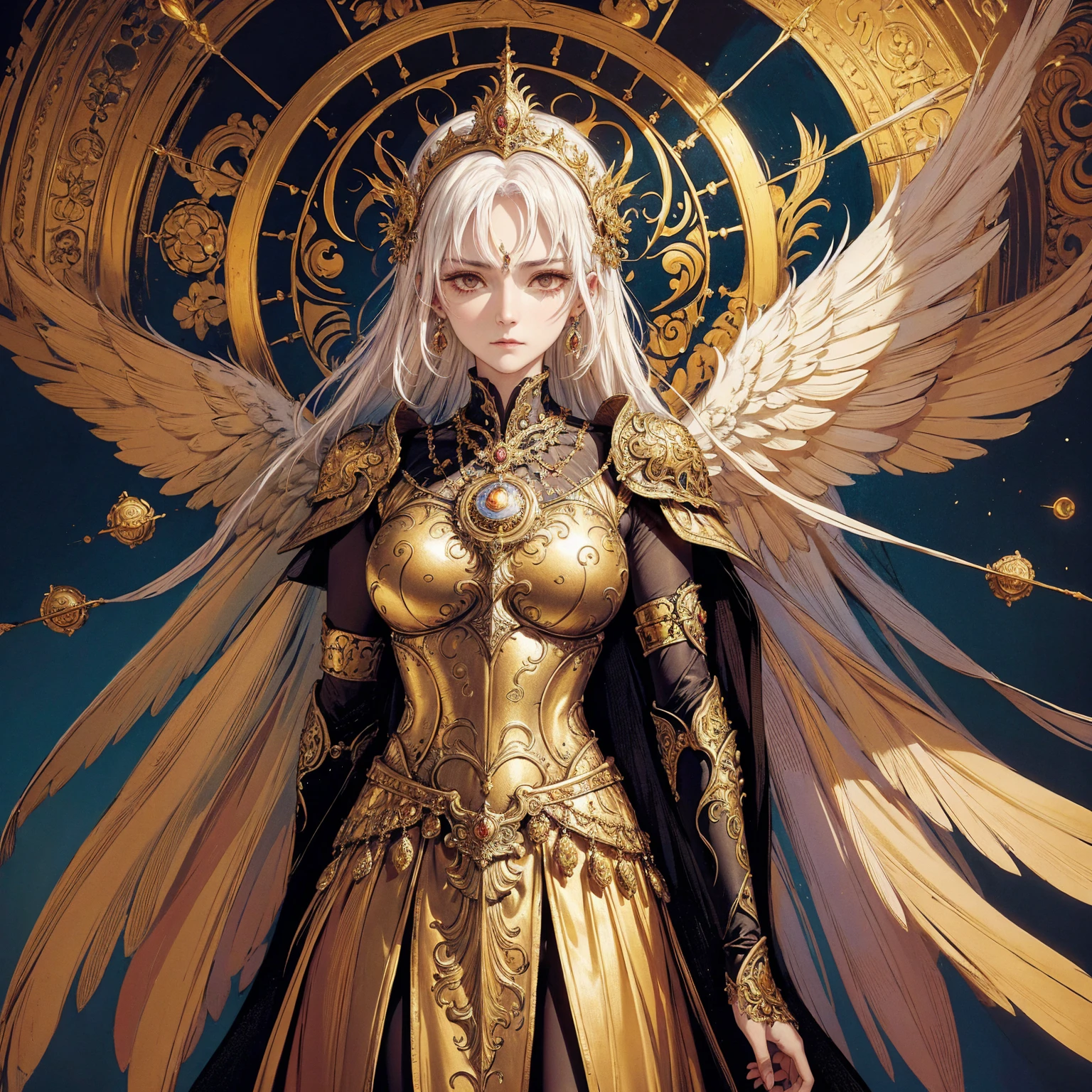 Art of elderly mature woman wearing sun crown, wearing ornate breastplate that exposes a small amount of skin above the chest, wearing golden long dress, a pair of armored angelic wings spread out behind the woman, ancient goddess art, Sacredness. Very detailed, Mysterious inspiration, Inspiration from the Sun God, Religious inspiration, Cold and snobbish face, No smile, Dangerous impersonal expressions, White hair, Standing, Full body portrait, Gothic art style, Weird art style, Occult art