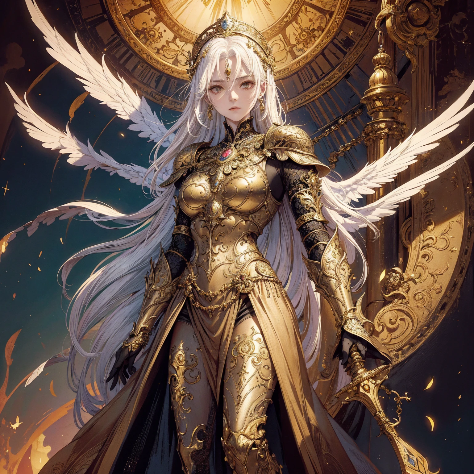 Art of elderly mature woman wearing sun crown, wearing ornate breastplate that exposes a small amount of skin above the chest, wearing golden long dress, a pair of armored angelic wings spread out behind the woman, ancient goddess art, Sacredness. Very detailed, Mysterious inspiration, Inspiration from the Sun God, Religious inspiration, Cold and snobbish face, No smile, Dangerous impersonal expressions, White hair, Standing, Full body portrait, Gothic art style, Weird art style, Occult art