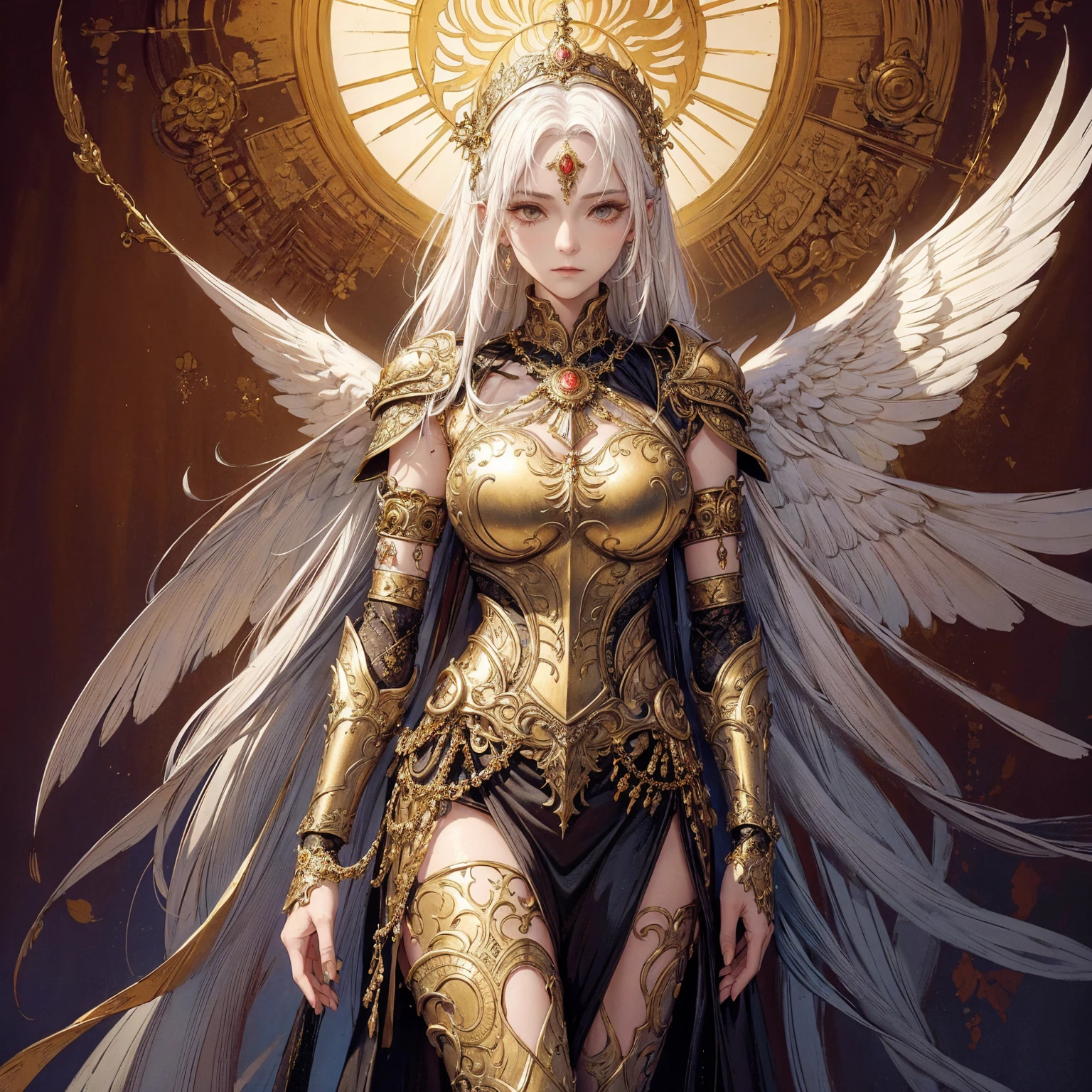 Art of elderly mature woman wearing sun crown, wearing ornate breastplate that exposes a small amount of skin above the chest, wearing golden long dress, a pair of armored angelic wings spread out behind the woman, ancient goddess art, Sacredness. Very detailed, Mysterious inspiration, Inspiration from the Sun God, Religious inspiration, Cold and snobbish face, No smile, Dangerous impersonal expressions, White hair, Standing, Full body portrait, Gothic art style, Weird art style, Occult art