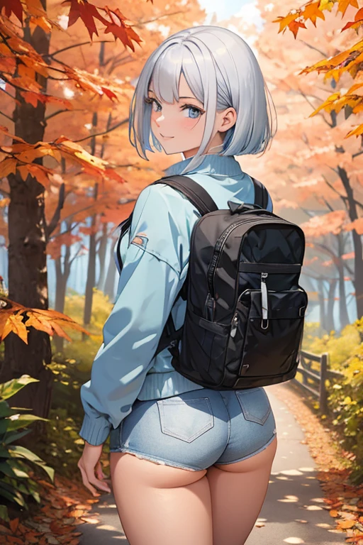A woman with silver bob hair and blue eyes, Suitable clothing for hiking, gazing condescendingly at the viewer with a cute grinning expression, extremely detailed and realistic, masterpiece quality, ultra-detailed, HDR, studio lighting, vivid colors, physically-based rendering, thick thighs, beautiful thighs, school girl, attractive buttocks, (looking back over their shoulder), Autumn leaves, enjoying hiking
