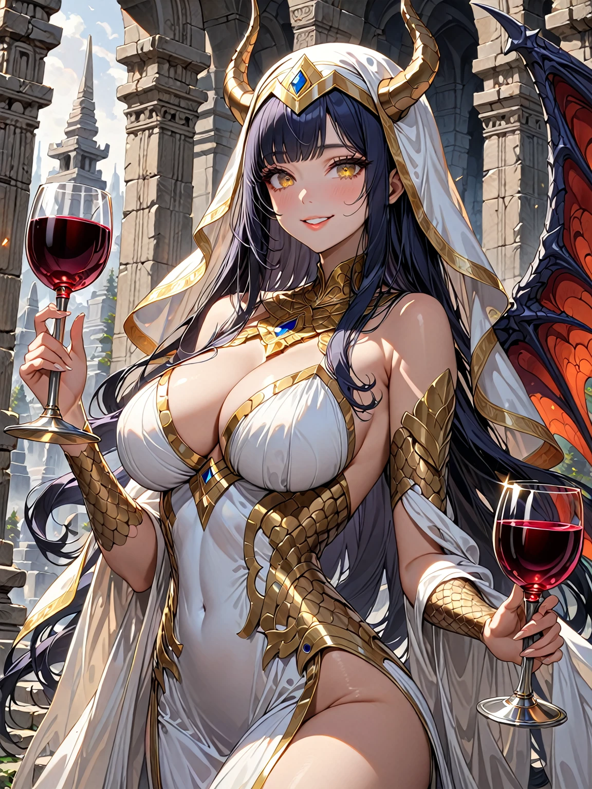 A masterpiece, Very detailed, ultra detailed, Alone, female, long dark blue hair, straight hair, golden eyes with vertical pupils, scales on arms, big breasts, high, ELEGANT DRESS, priestess, outdoor stone temple, draconic hands:1.6, scaly tail, huge horns, close up, broad smile, Chapped lips, long and thick eyelashes, squinted eyes, Santa, white scales on arms, chalice with wine, bare shoulders, head veil, monster-girl, draconic wings, Dragon Girl